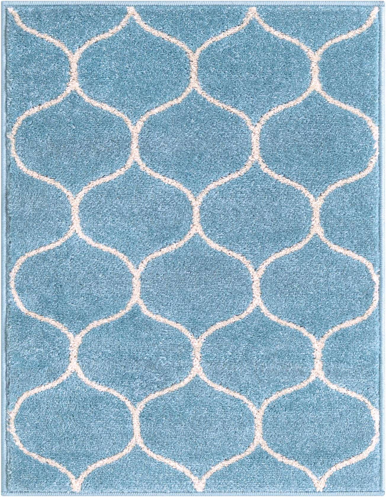 A 2x3 light blue rectangular rug with a cream modern trellis pattern, suitable for a kitchen or entryway.