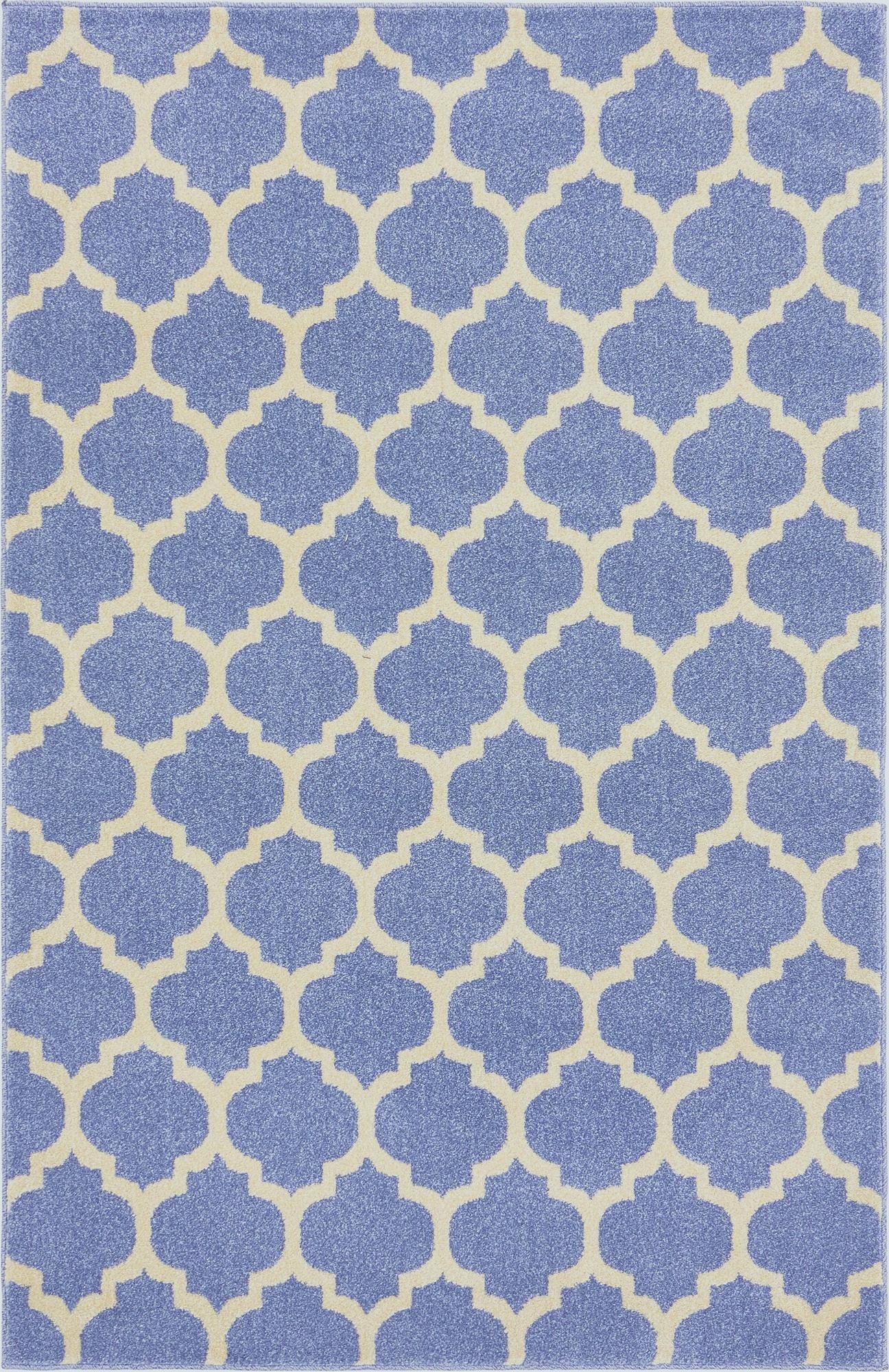 A 6x9 rectangular light blue area rug with a cream modern trellis pattern, suitable for a living room.