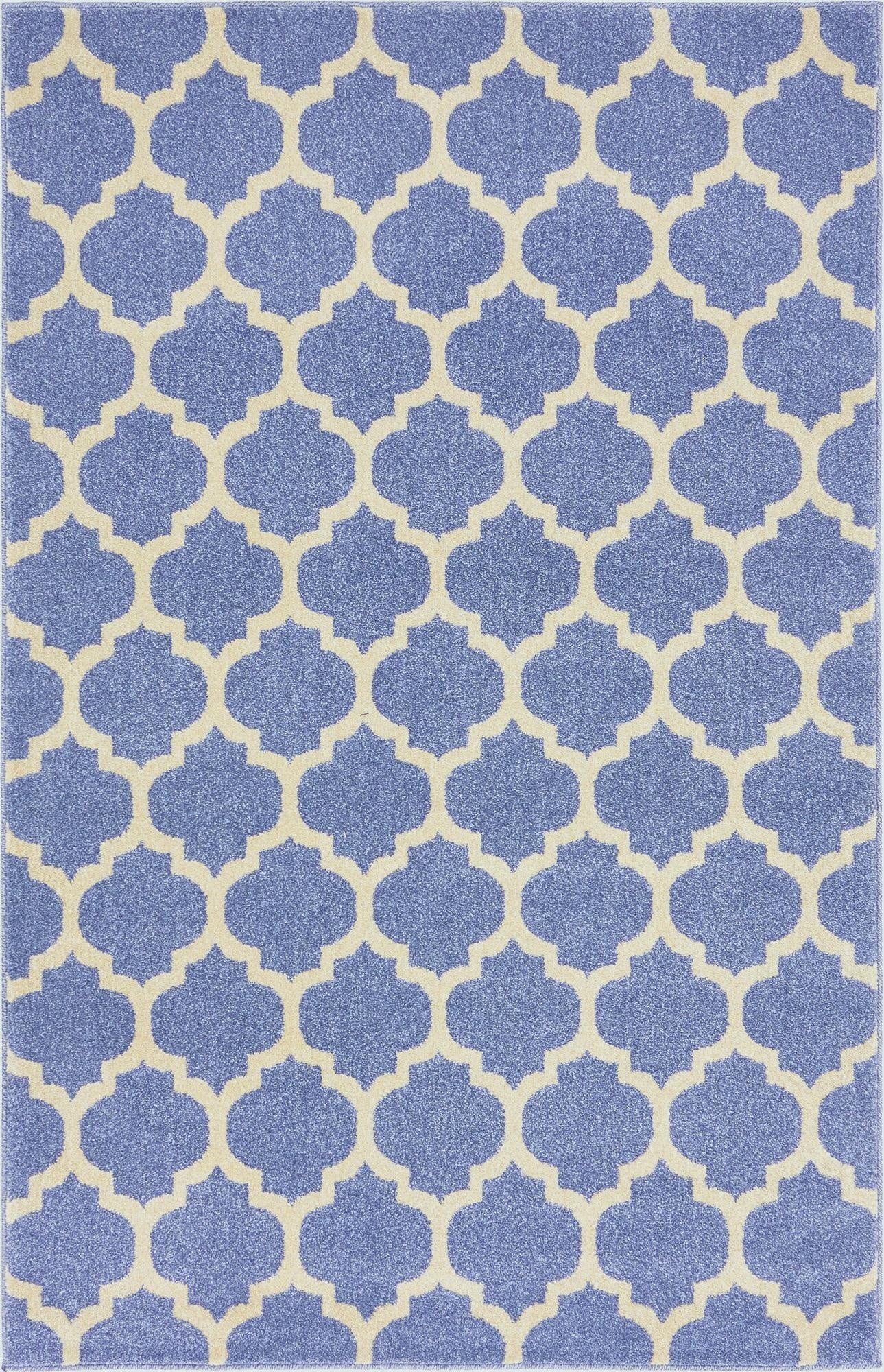 A 4x6 rectangular light blue rug with a cream modern trellis pattern, suitable for a living room or bedroom.