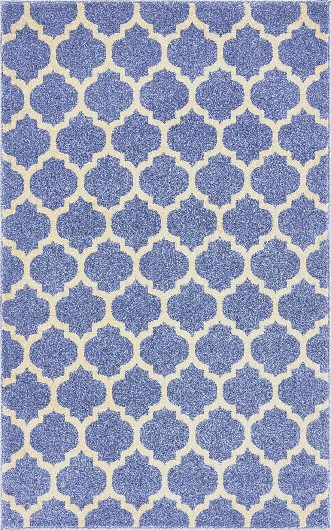 A 3x5 rectangular light blue rug with a cream modern trellis pattern, suitable for a kitchen or entryway.