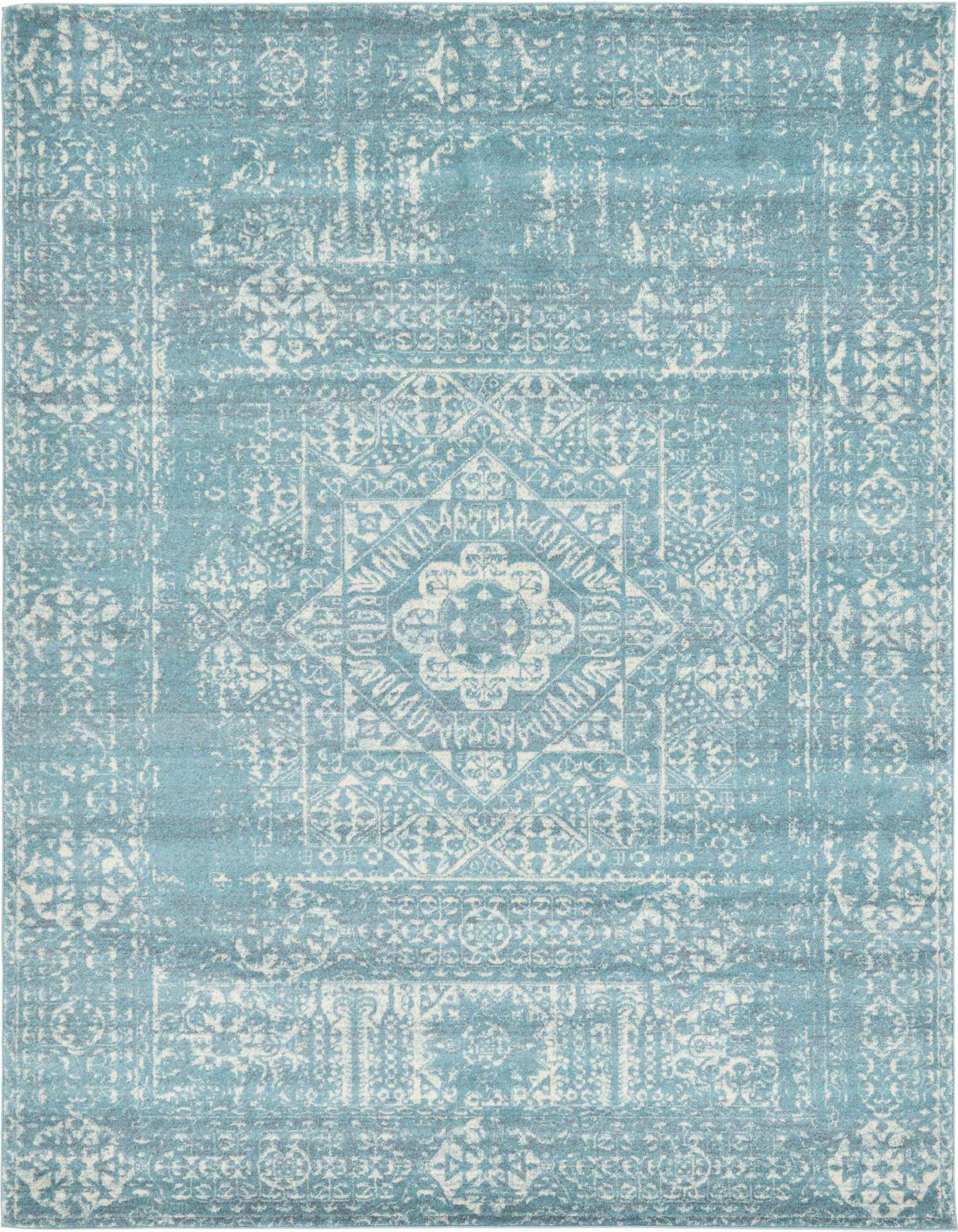An 8x10 rectangular light blue area rug with an eclectic medallion pattern and distressed vintage look.