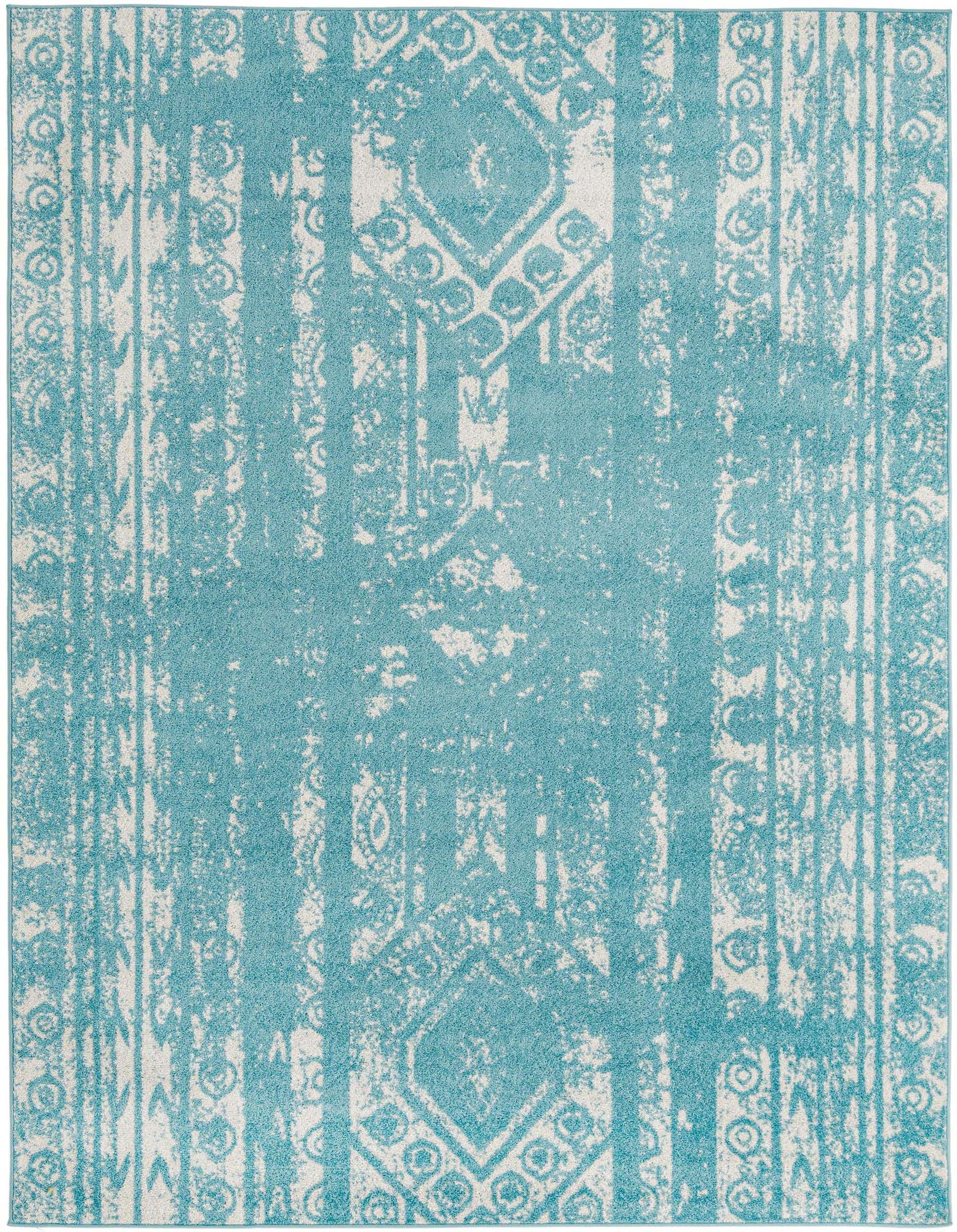 An 8x10 rectangular light blue and off-white Southwestern style rug with distressed tribal patterns and stripes, perfect for a living room.