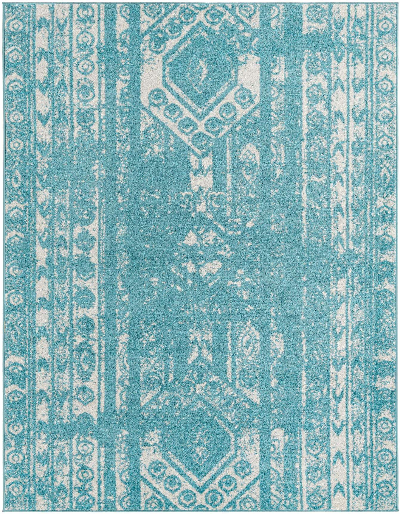 A 6x9 rectangular light blue and off-white Southwestern rug with a distressed tribal pattern, ideal for a living room.