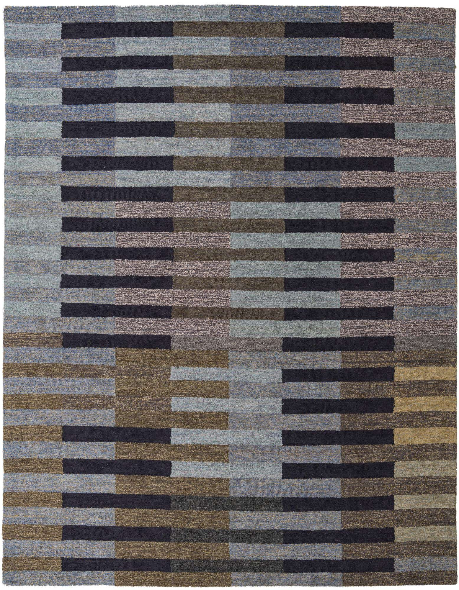 A rectangular 8x10 Luna rug featuring a modern stripe pattern in various shades of blue, gray, and brown.