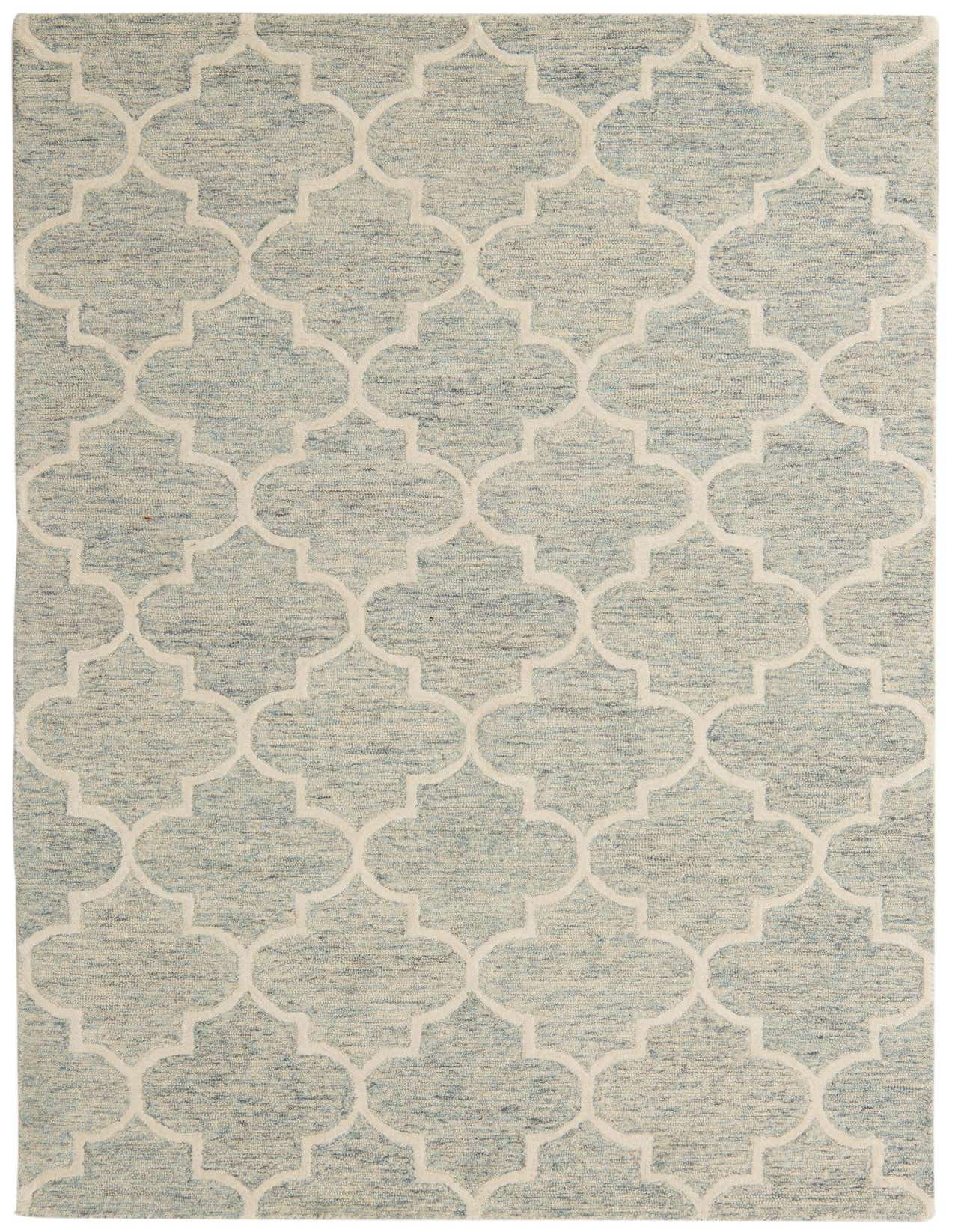 A 5x8 rectangular Luna rug in light blue and off-white, featuring a modern abstract geometric pattern, suitable for a living room.