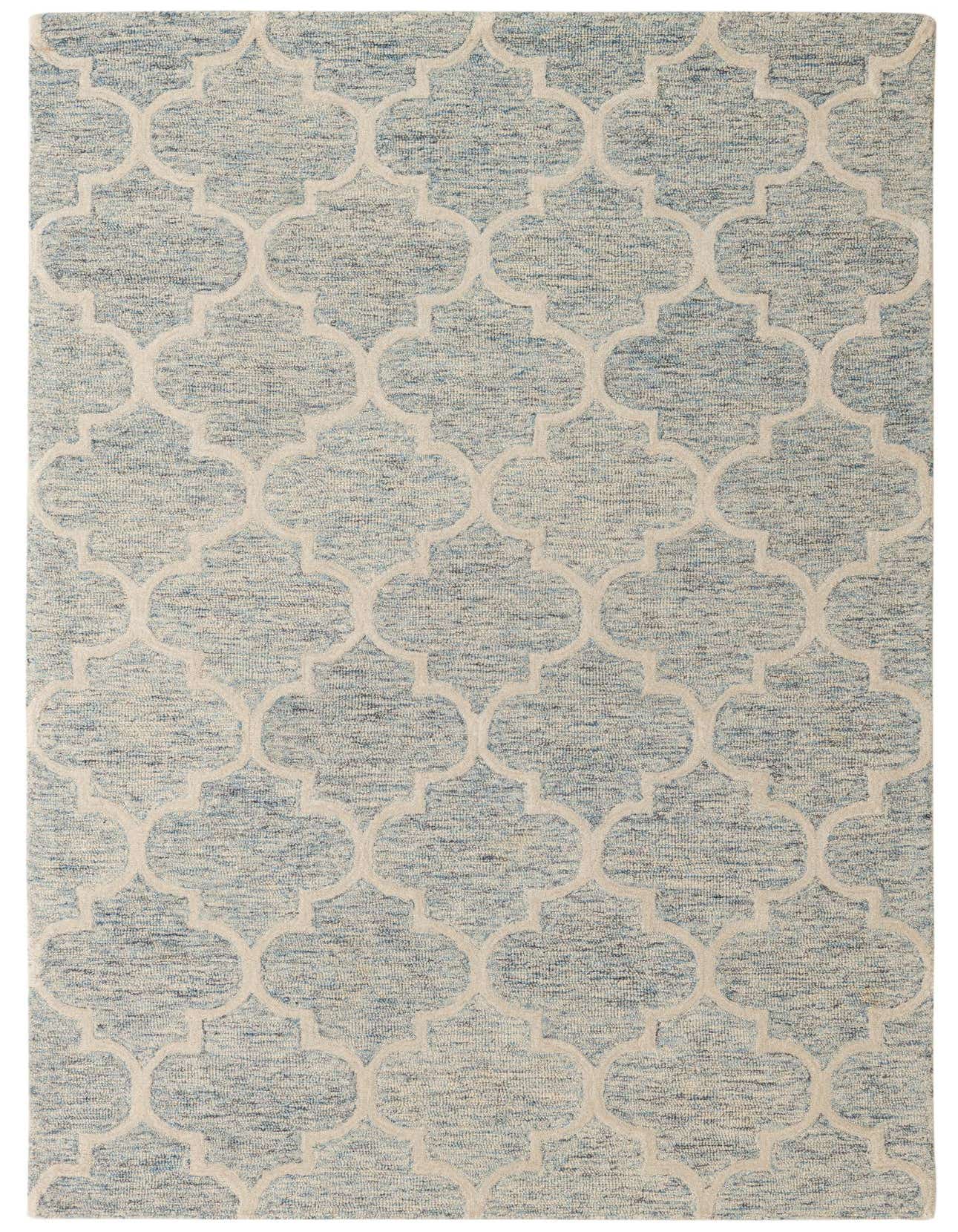 A 5x8 rectangular Luna collection rug featuring a light blue and off-white modern abstract pattern, ideal for a living room.