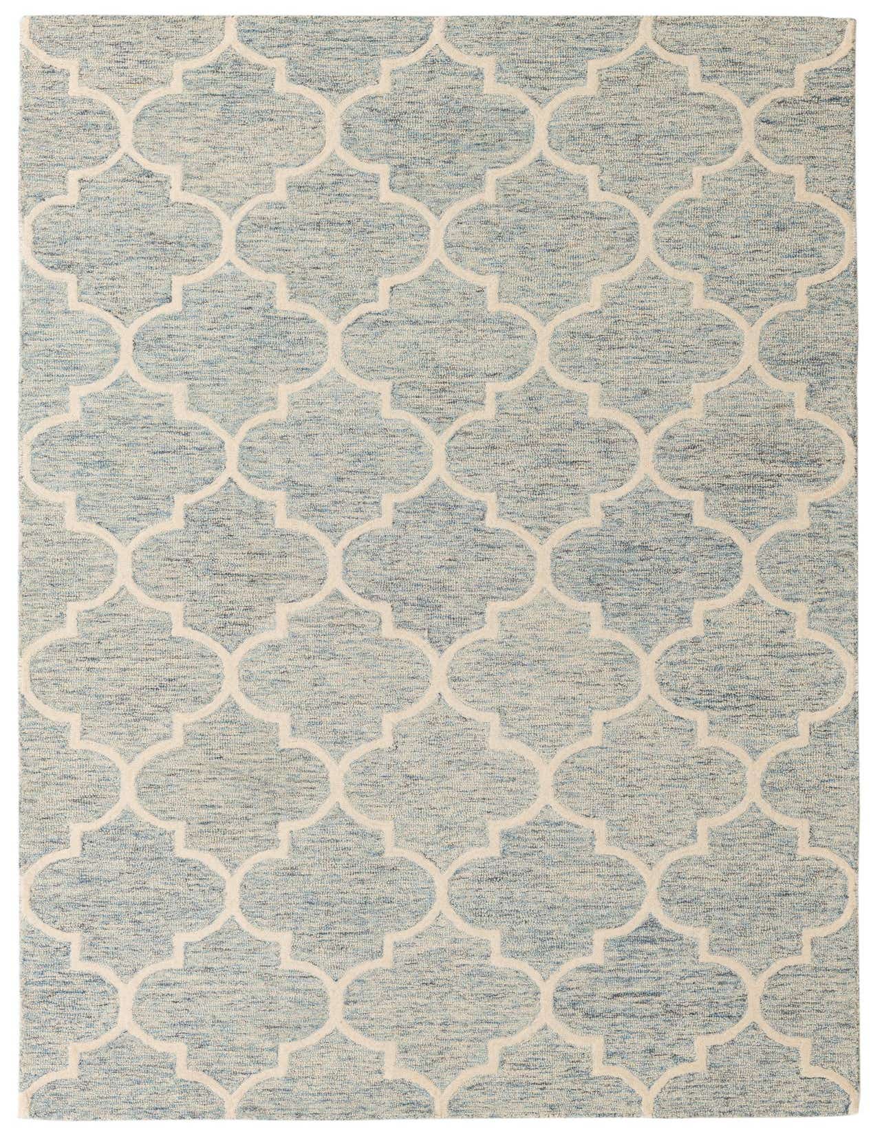 A 5x8 rectangular light blue and ivory African Retro rug with a high pile, suitable for a living room.