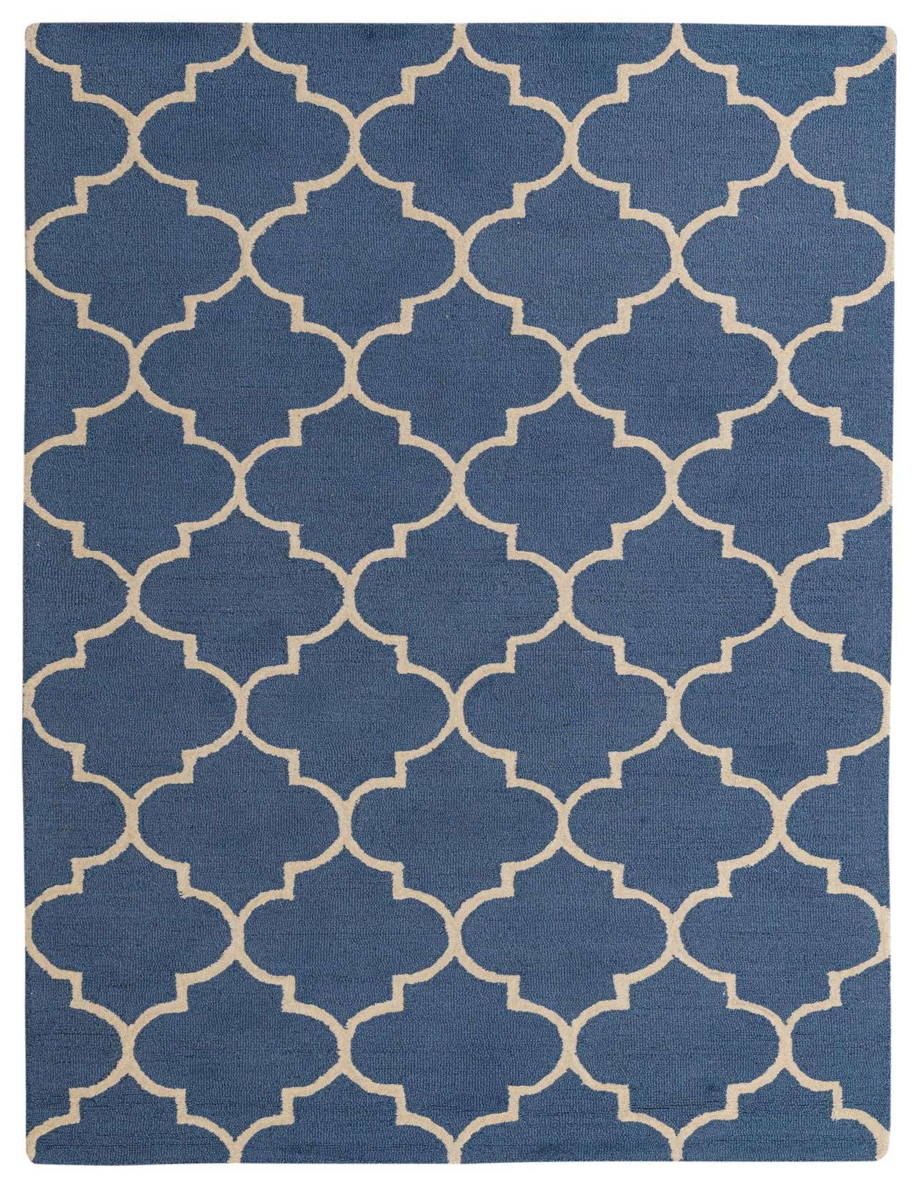 A 5x8 rectangular Luna rug in blue with a cream modern abstract quatrefoil pattern, perfect for a living room.