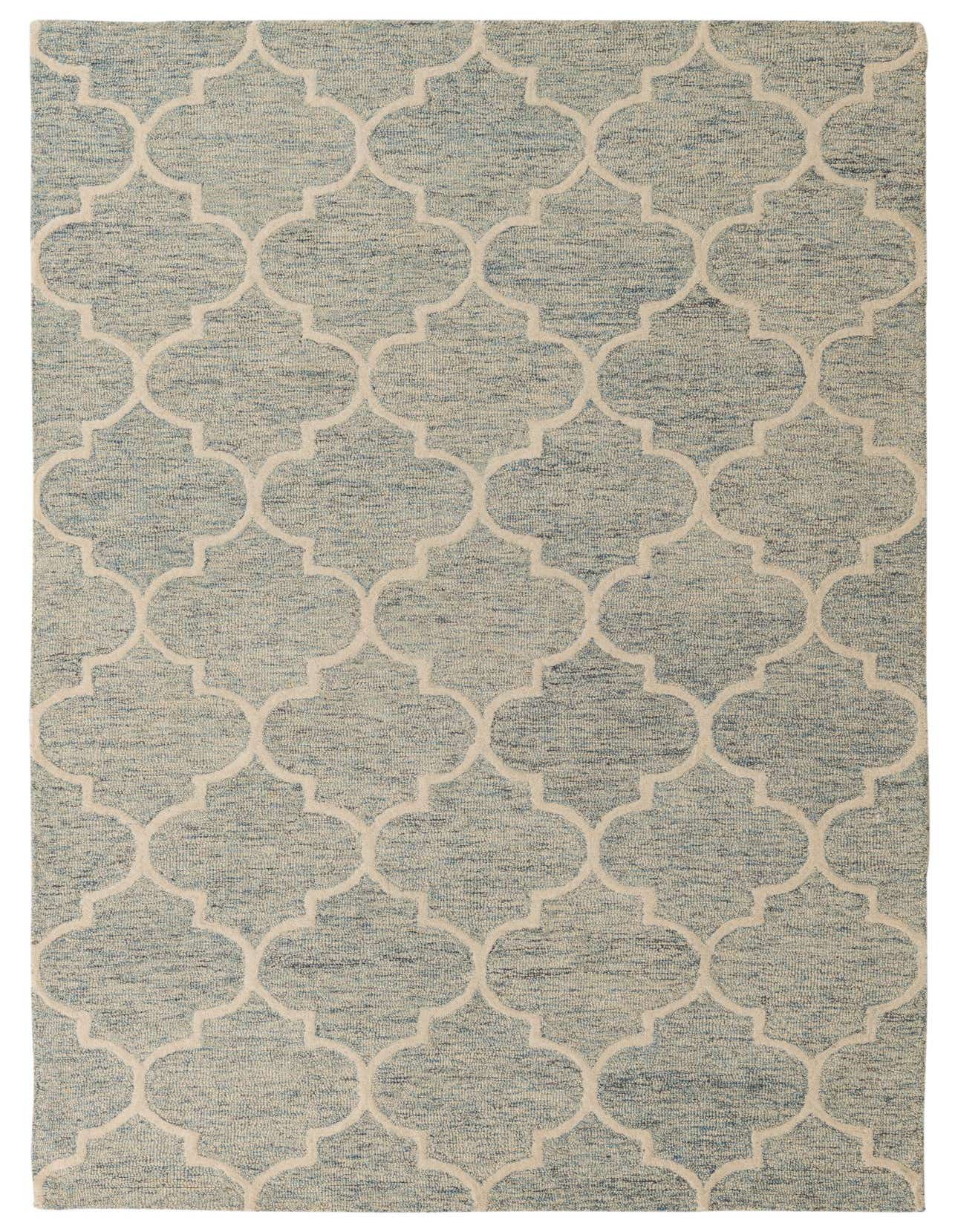 A 5x8 rectangular Luna collection rug featuring a light blue and off-white modern abstract pattern, ideal for a living room.