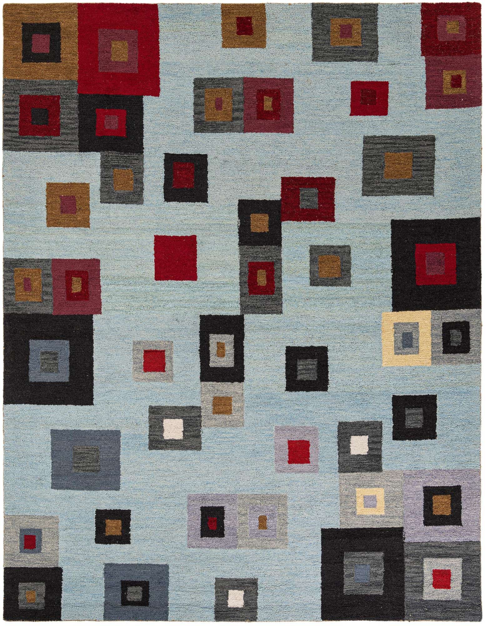 A light blue 8x10 rectangular wool rug featuring a modern pattern of scattered red, black, grey, and brown squares.