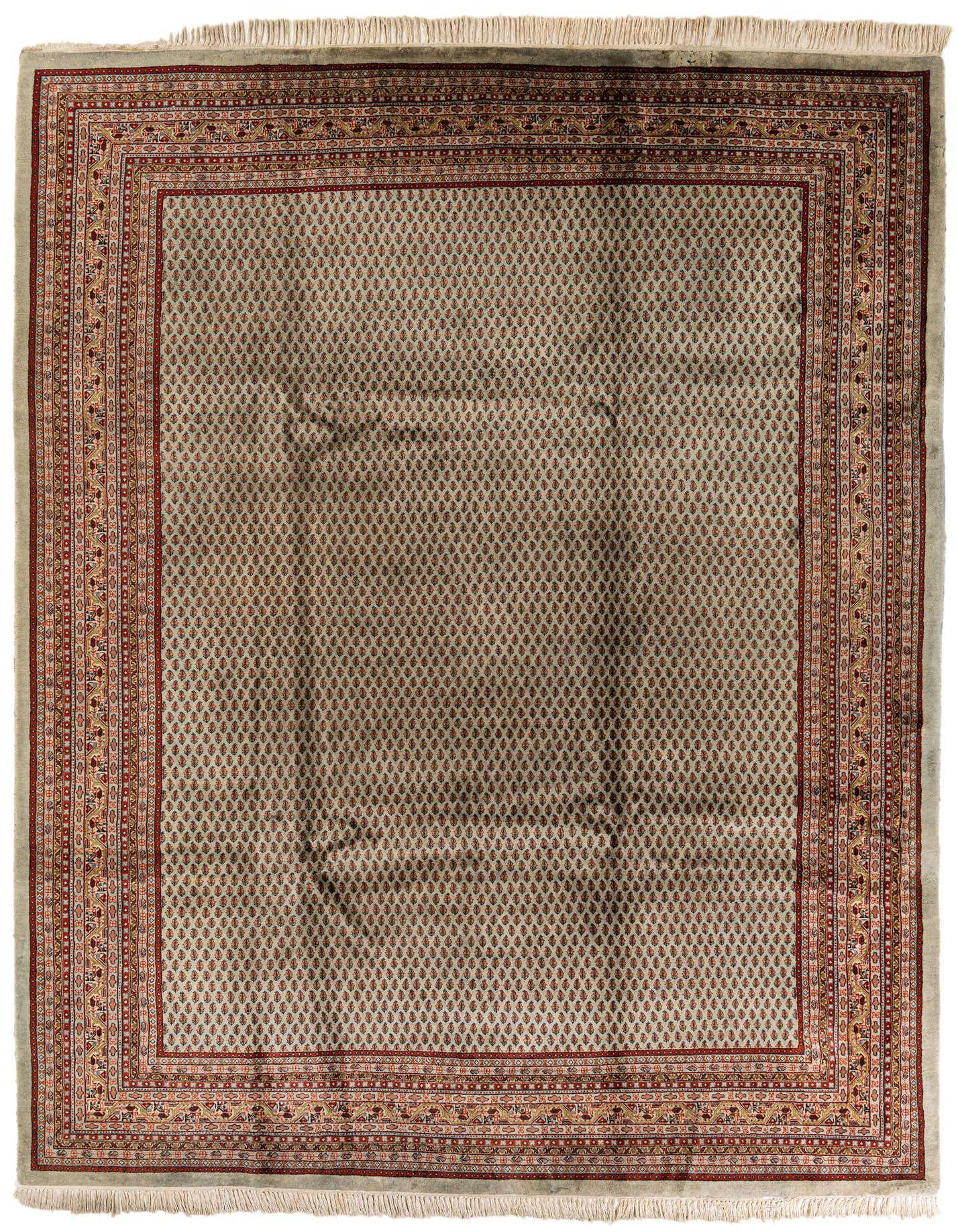 A rectangular 8x11 Mir collection rug with a light blue field and intricate traditional Oriental pattern, featuring a detailed red and gold border.