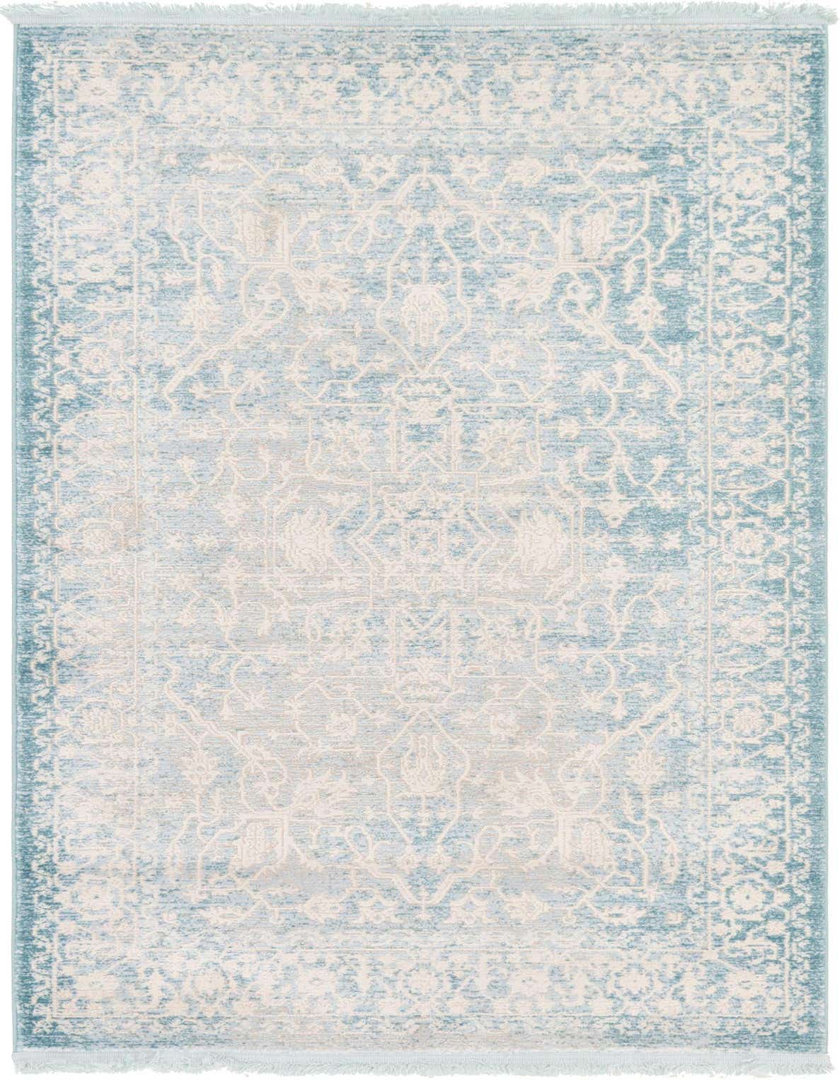 A 3x5 rectangular light blue and cream area rug with a distressed traditional medallion and botanical pattern.