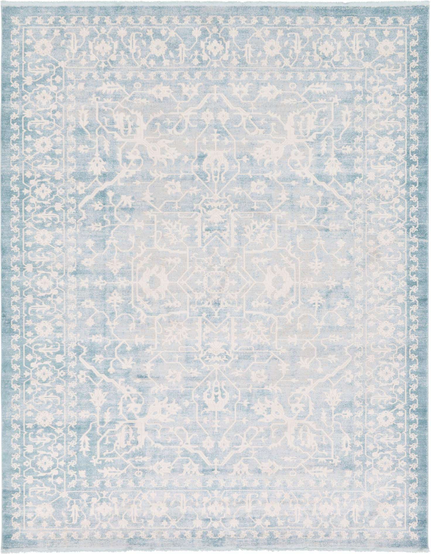 A 10x13 rectangular light blue and off-white area rug with a faded traditional medallion and botanical pattern.