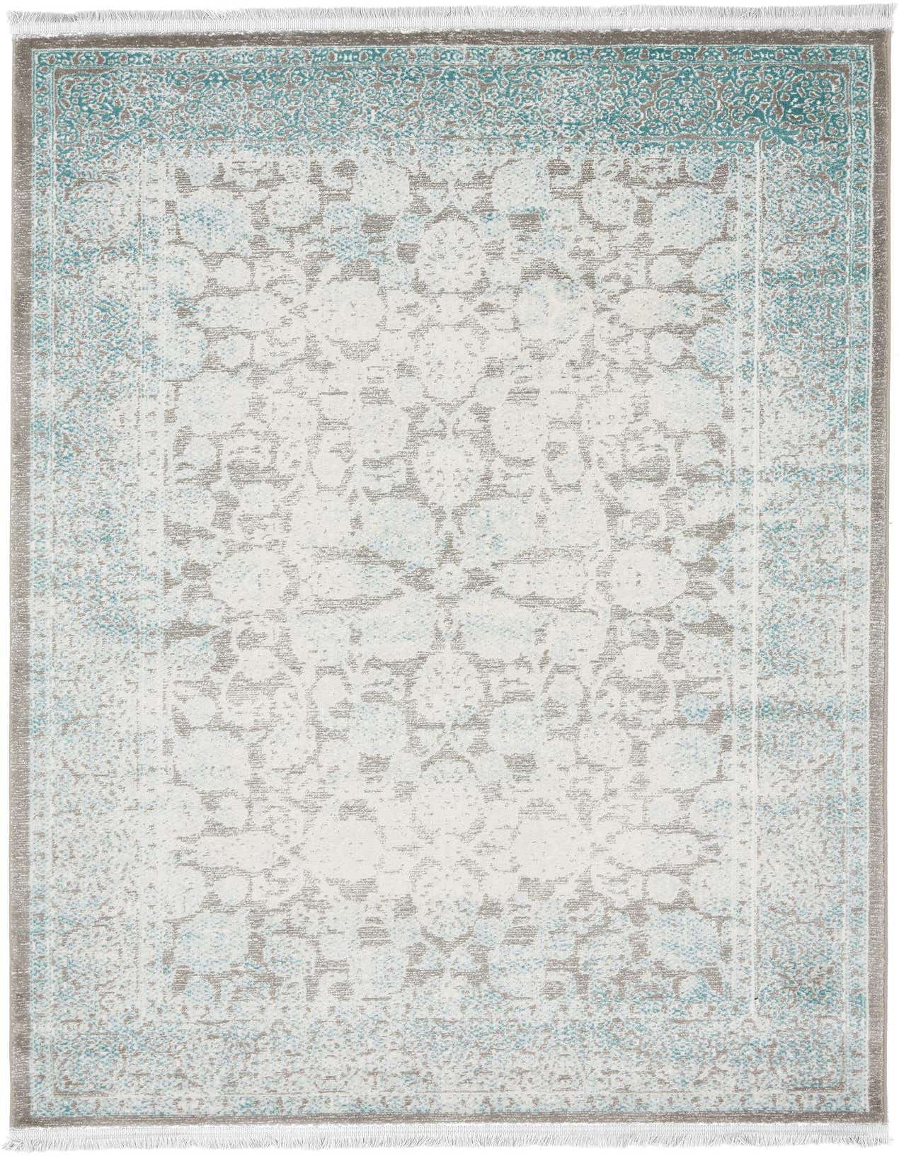 A 4x6 rectangular light blue and gray area rug with a distressed medallion pattern and fringed edges, suitable for a living room.