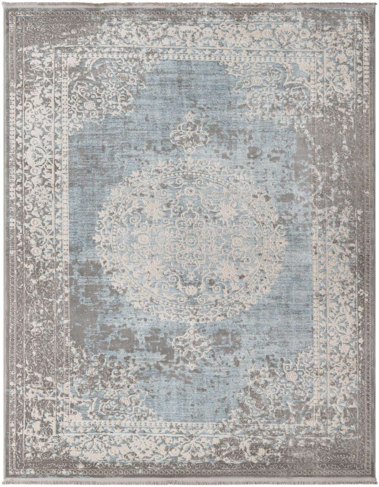 A 6x9 rectangular light blue and gray transitional rug with a distressed medallion pattern, ideal for a living room or office.