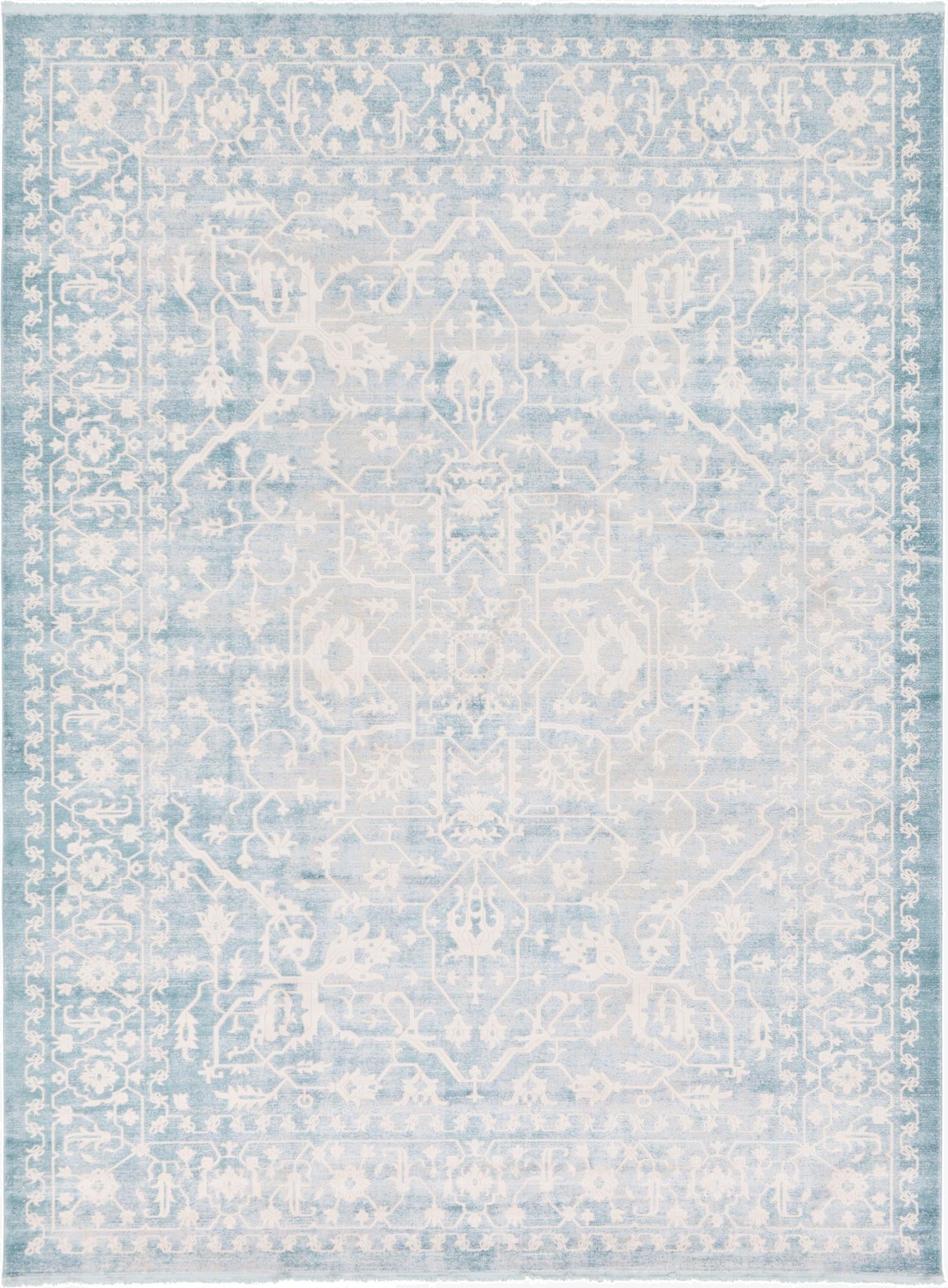 A 10x13 rectangular light blue and off-white area rug with a faded traditional medallion and botanical pattern.