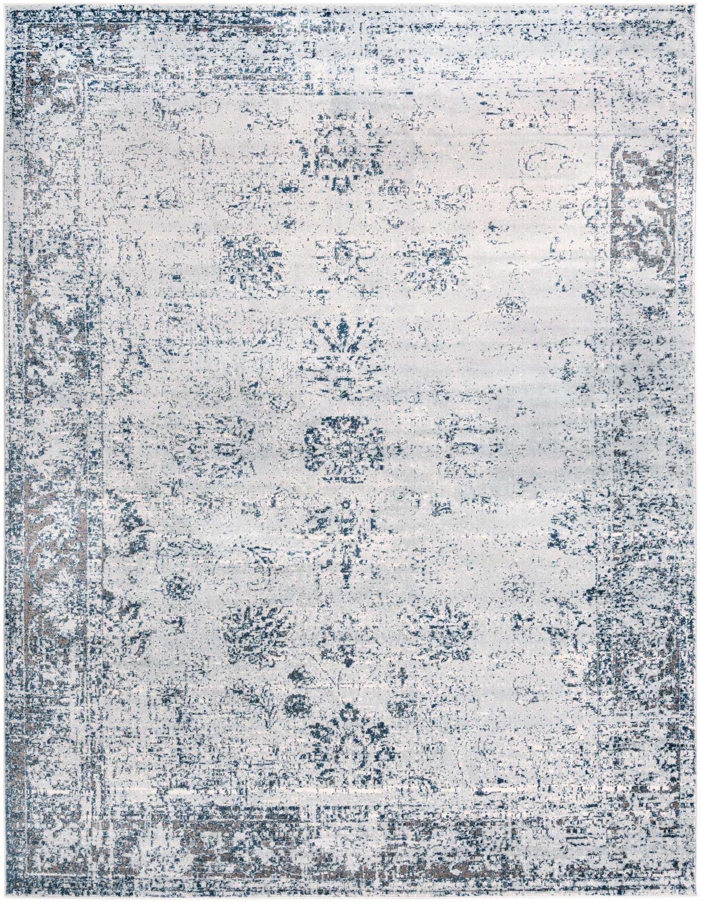 A 10x14 rectangular light blue and gray transitional rug with a distressed medallion pattern, suitable for a living room.