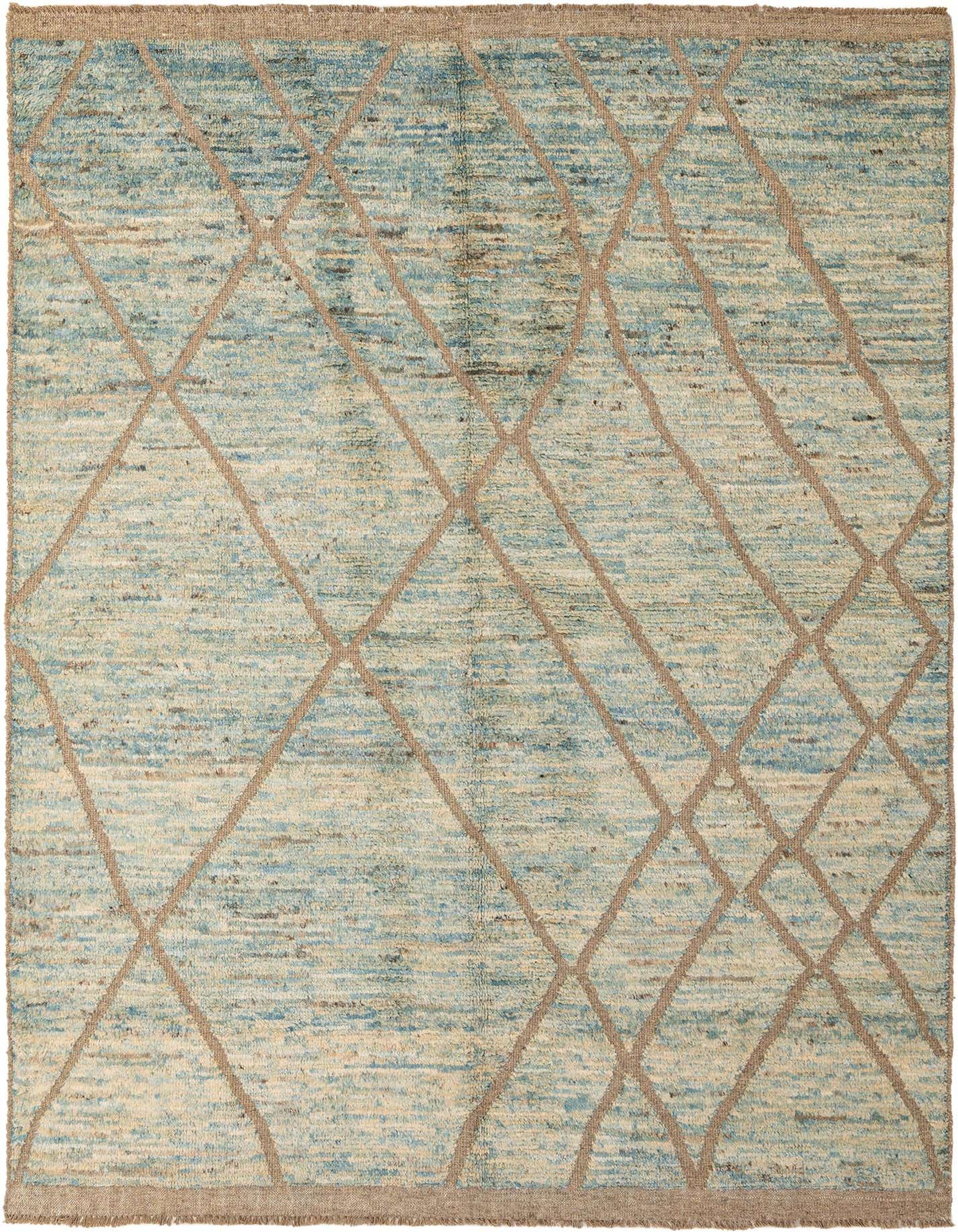 A 5x8 rectangular light blue wool rug with a modern tribal diamond pattern in natural beige, suitable for a living room.