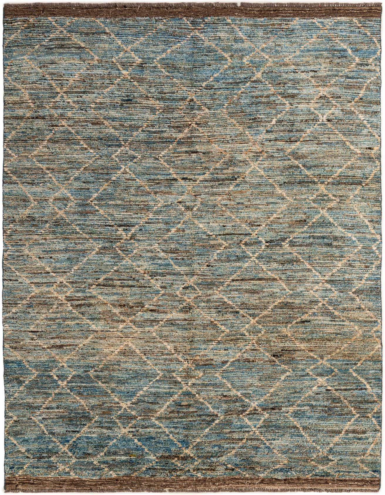 A 5x8 rectangular Moroccan rug featuring a light blue and beige tribal diamond pattern with a brown border, suitable for a living room.