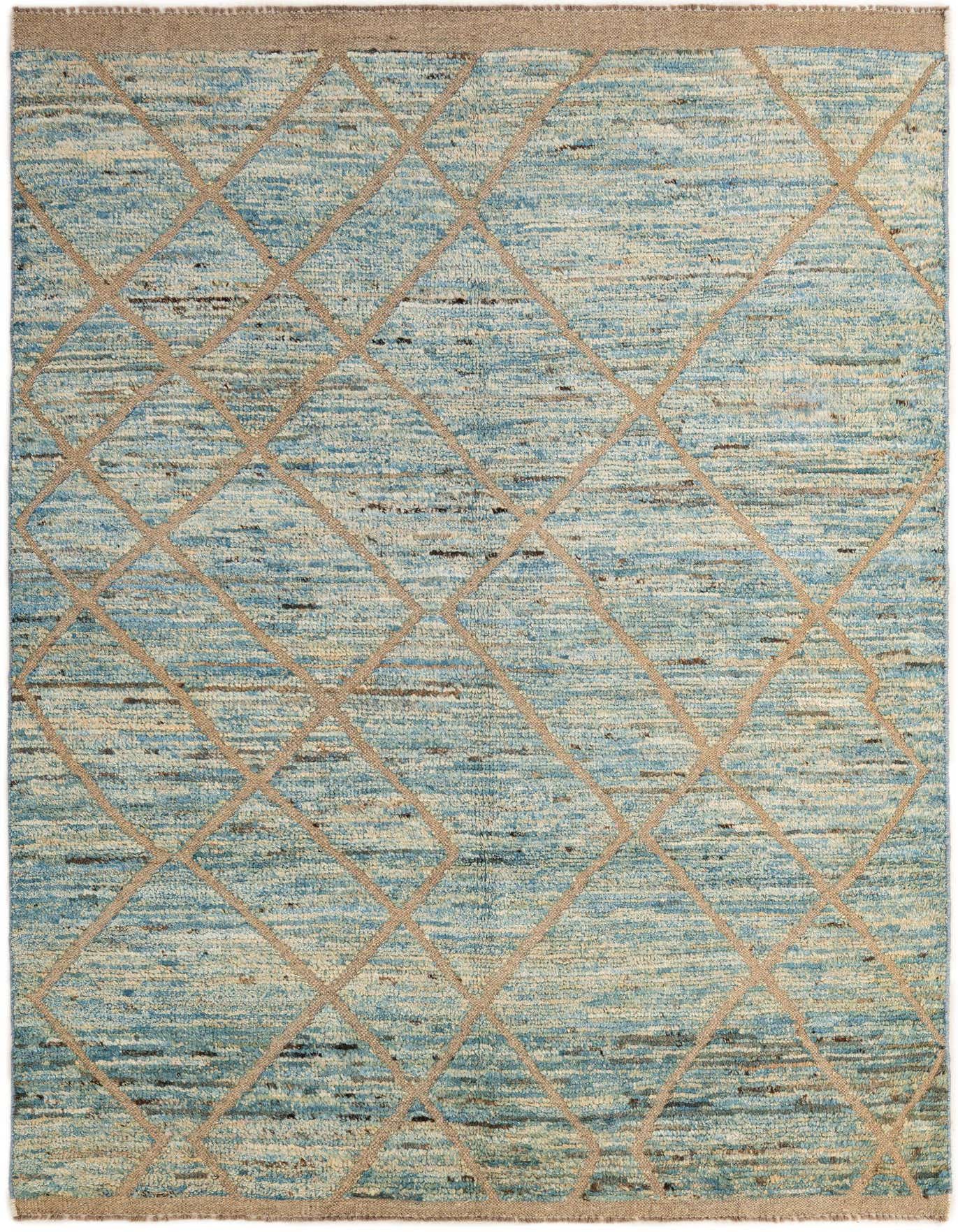 A 5x8 rectangular Moroccan wool rug featuring a light blue background with a beige tribal diamond pattern.