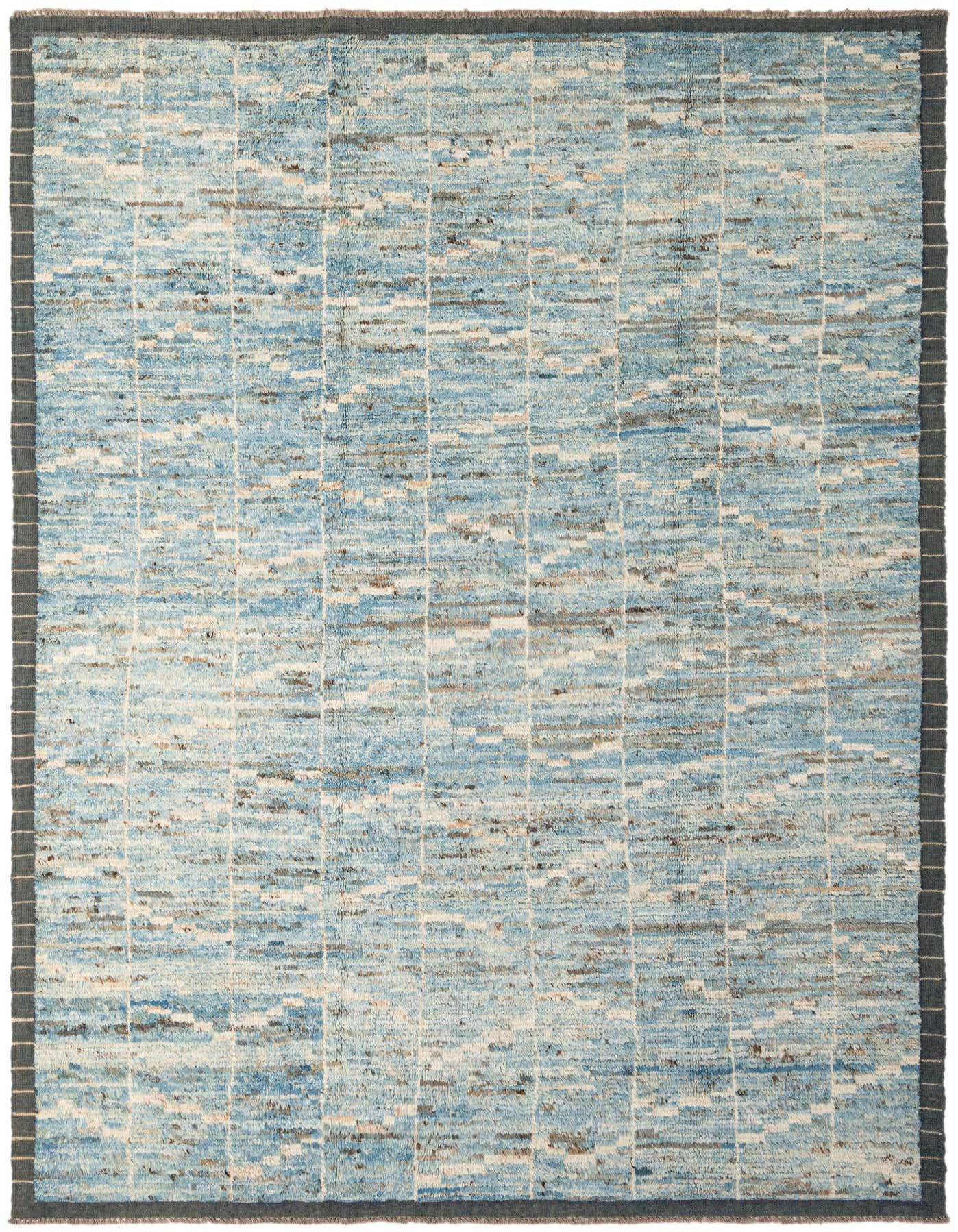 A 7x10 rectangular light blue and white tribal wool rug with a subtle grid pattern and dark border.