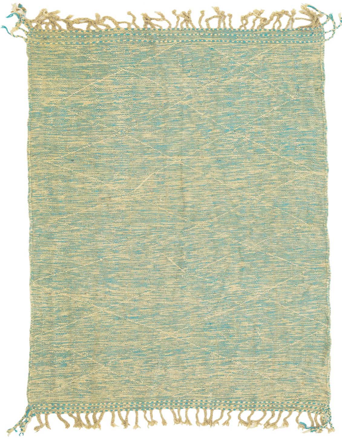 A 5x8 rectangular light blue and beige tribal shag rug with fringe, suitable for a living room.