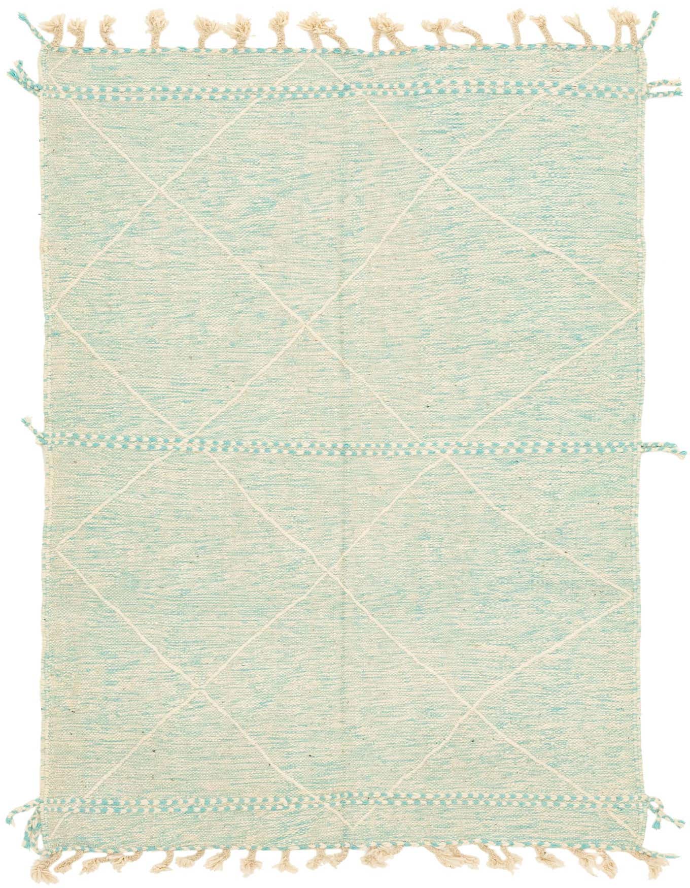 A 5x7 rectangular light blue and cream wool shag rug with a tribal diamond pattern and decorative tassels.