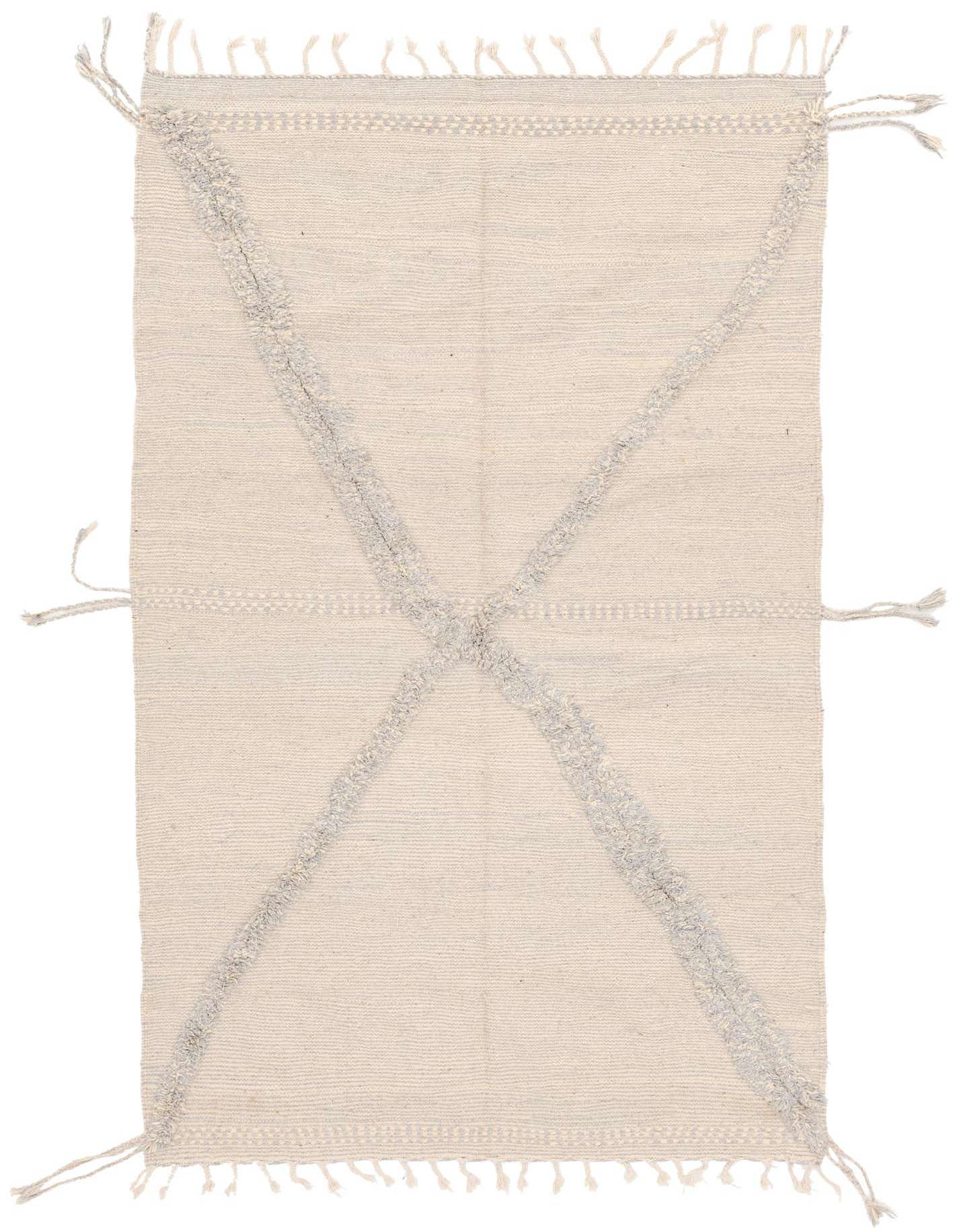 A 5x8 rectangular light blue Moroccan shag rug with a large X-shaped tribal pattern, suitable for a living room.