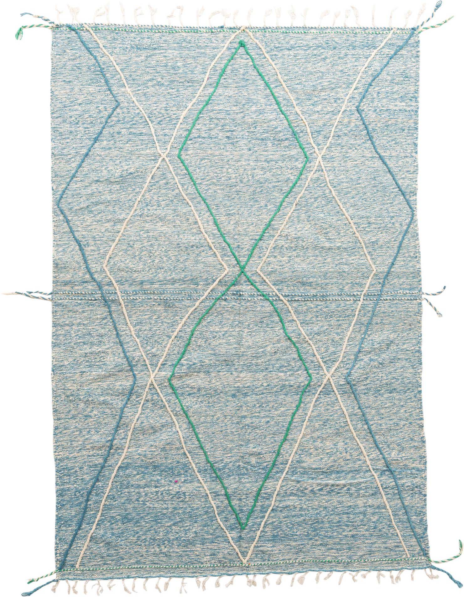 A 7x10 rectangular light blue Moroccan shag rug with a tribal diamond pattern in green, blue, and cream.
