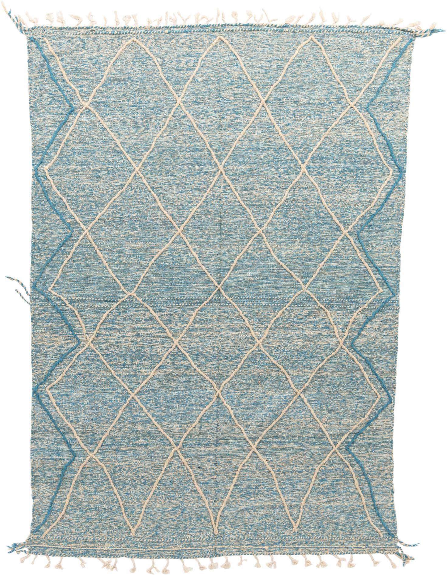 A 6x9 rectangular light blue Moroccan shag rug with a cream diamond pattern and tassels, suitable for a living room.