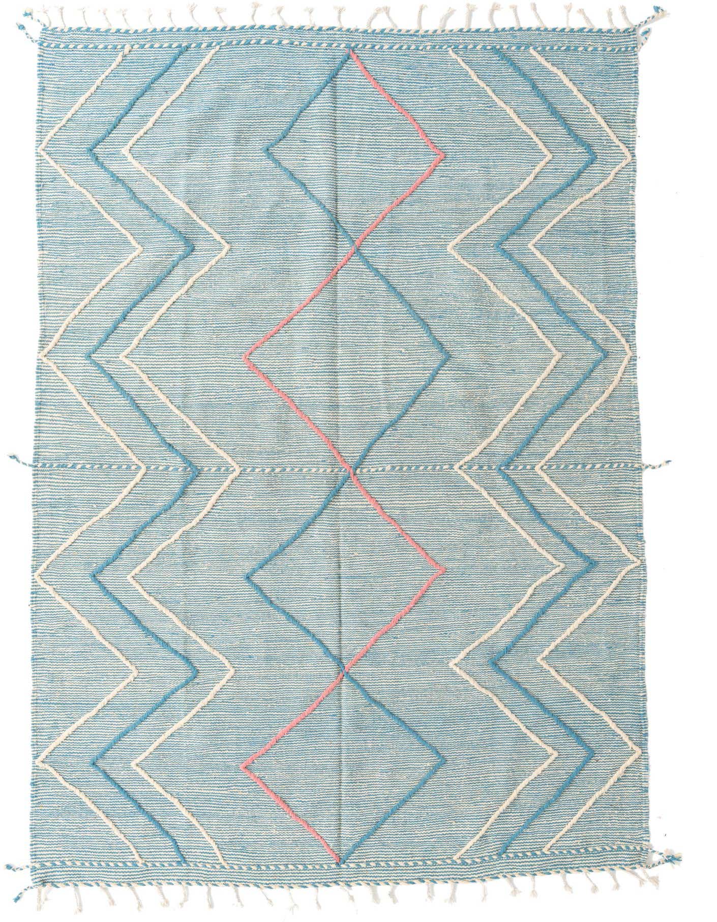 A 7x10 rectangular light blue Moroccan shag rug with white, light blue, and pink tribal geometric patterns and fringe.
