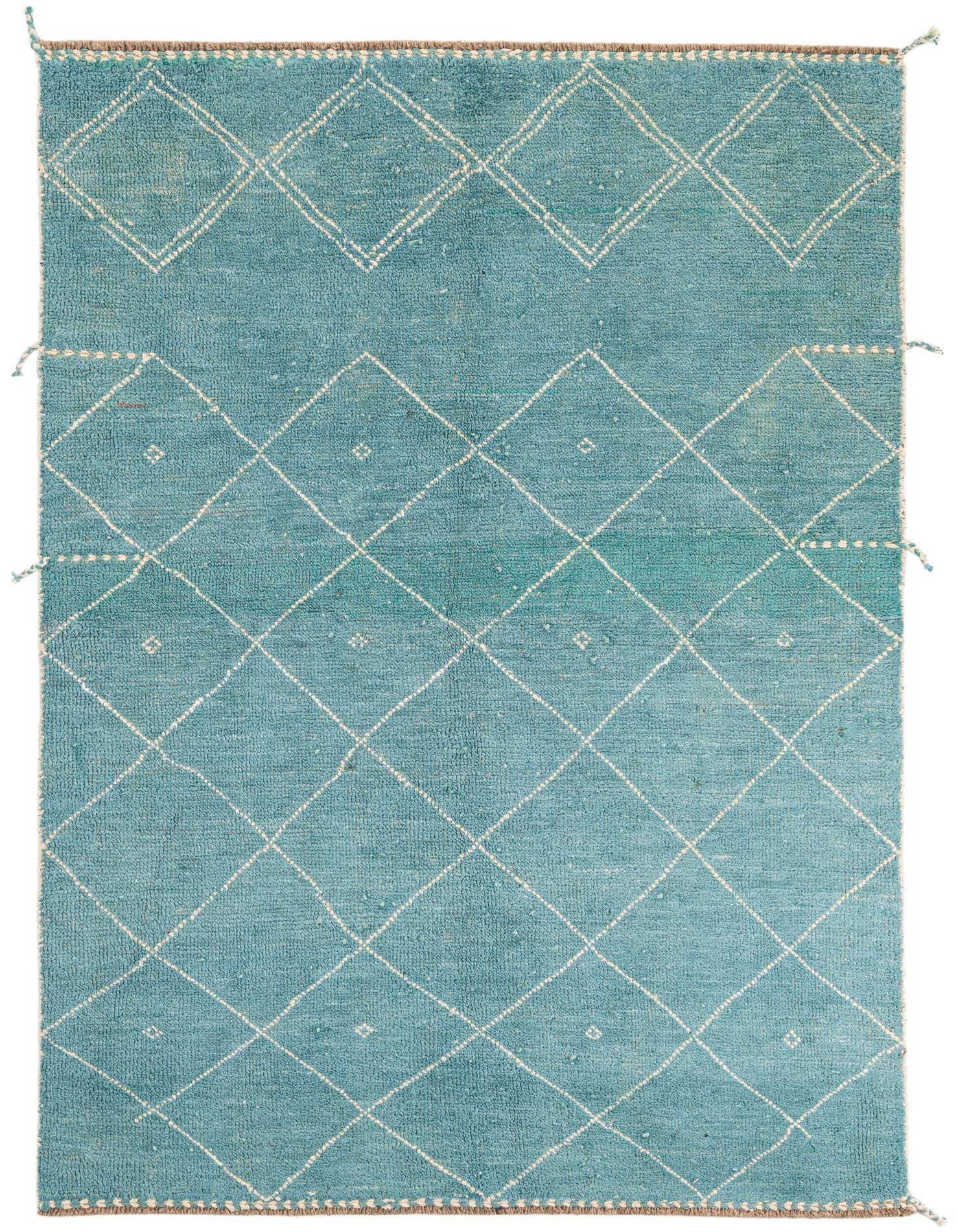 A 5x8 rectangular light blue Moroccan shag rug with a white tribal diamond pattern, ideal for a living room.