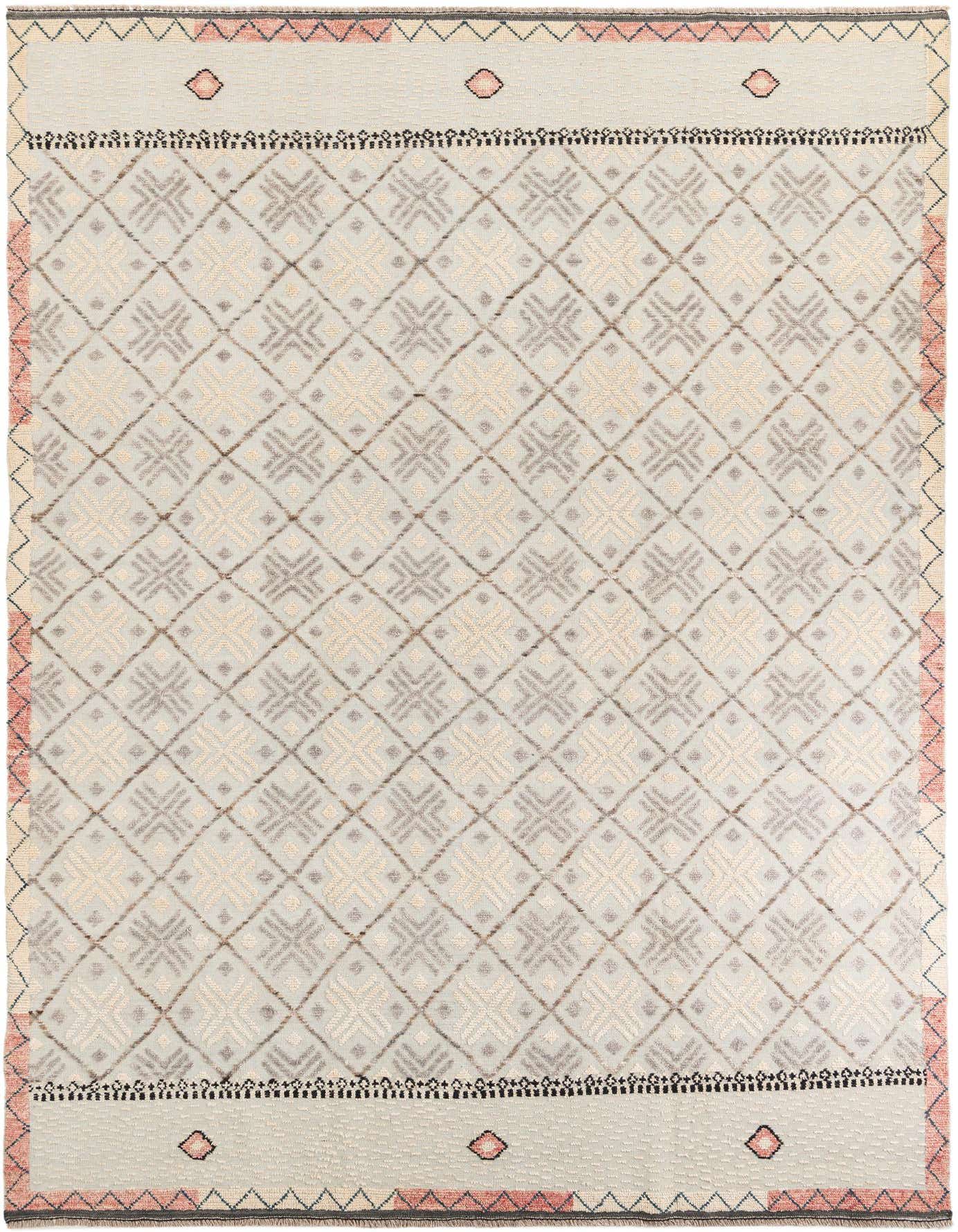 A 9x12 rectangular light blue Moroccan shag rug with a tribal diamond pattern and pink accents.
