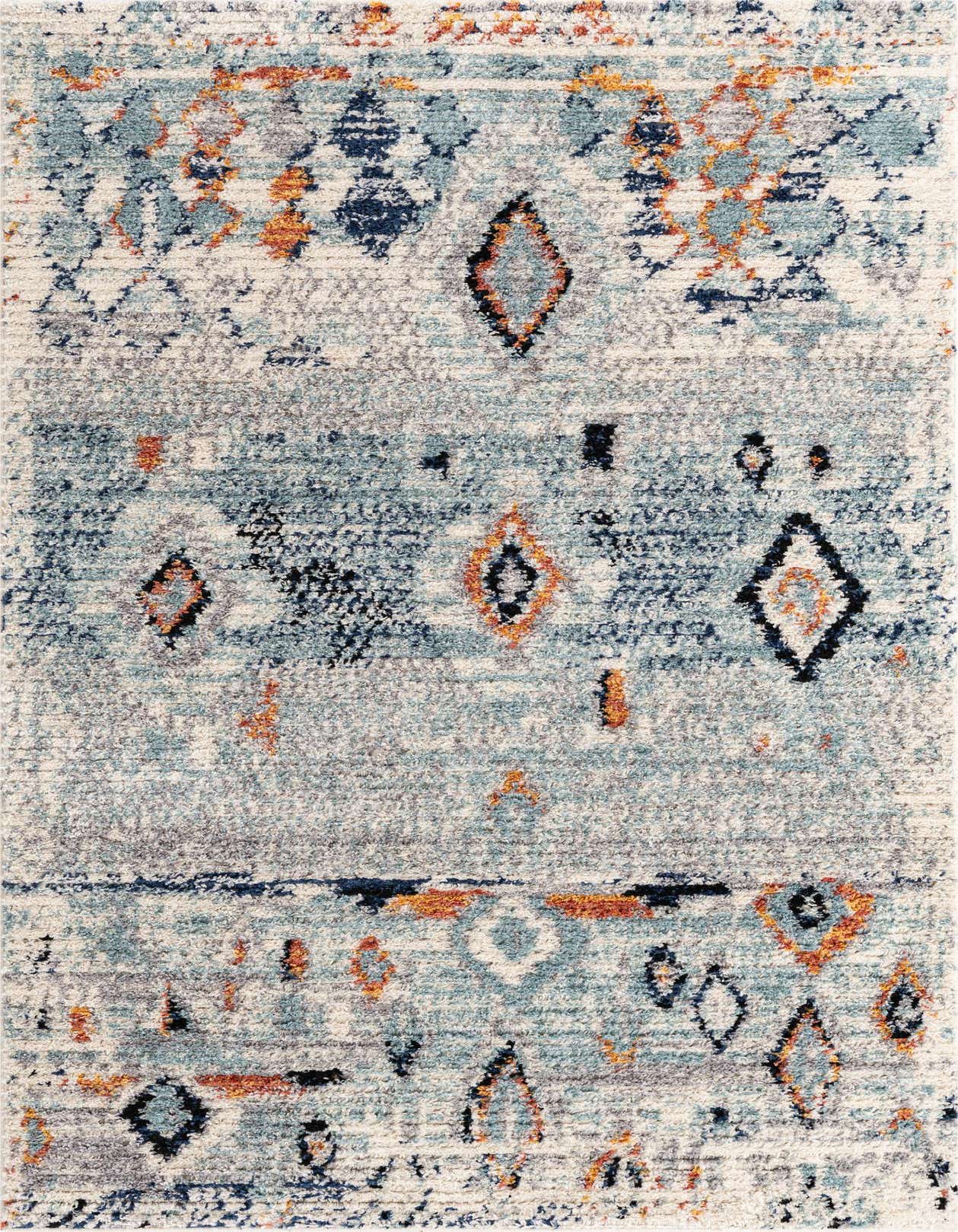 A 5x8 rectangular light blue bohemian shag rug with abstract tribal patterns in various shades of blue, orange, and gray.