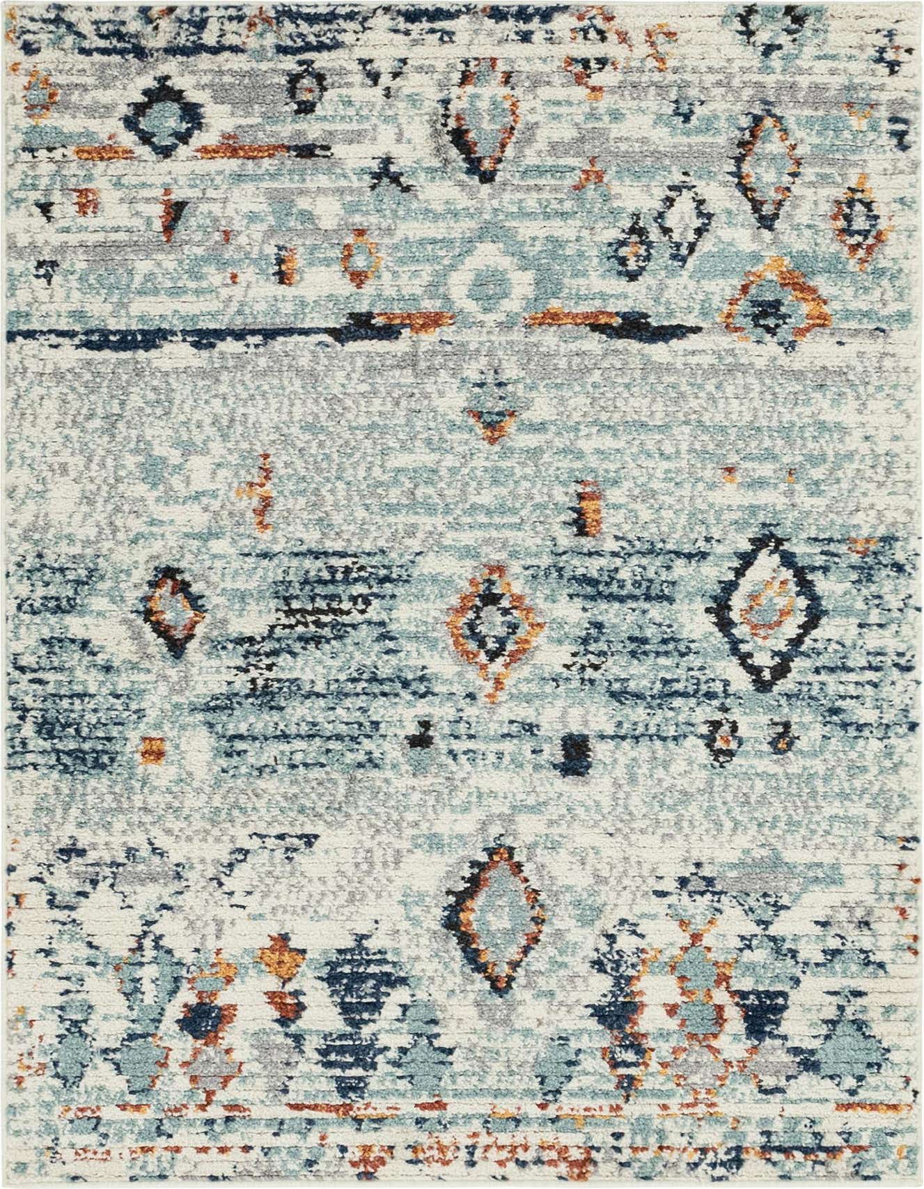 A 4x6 rectangular indoor rug featuring a bohemian tribal pattern in shades of light blue, navy, gray, and orange.