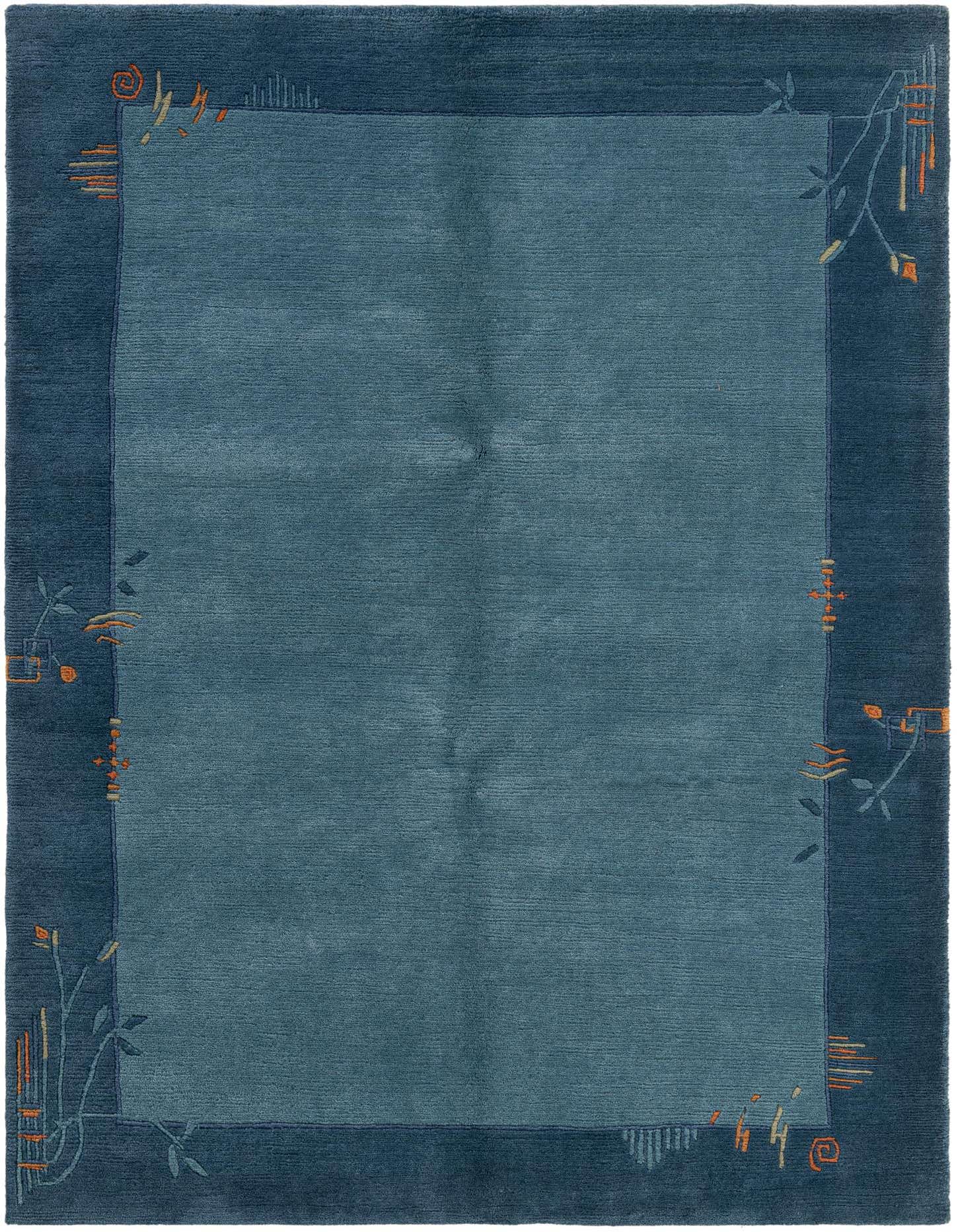 A 4x6 rectangular Nepal Collection wool rug in varying shades of blue with abstract orange and light blue accents along the border.