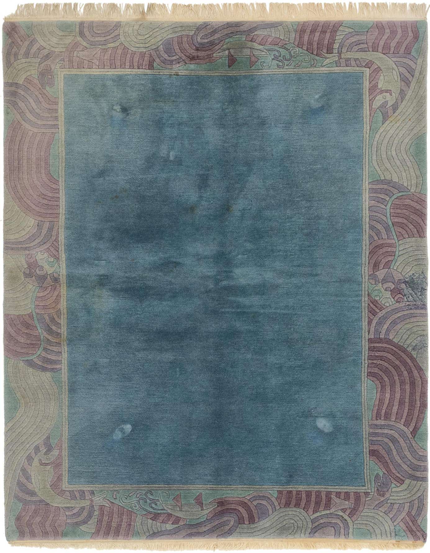 A 6x9 rectangular Nepal rug featuring a solid light blue center with a traditional wavy border in muted purples, greens, and blues, suitable for a living room.