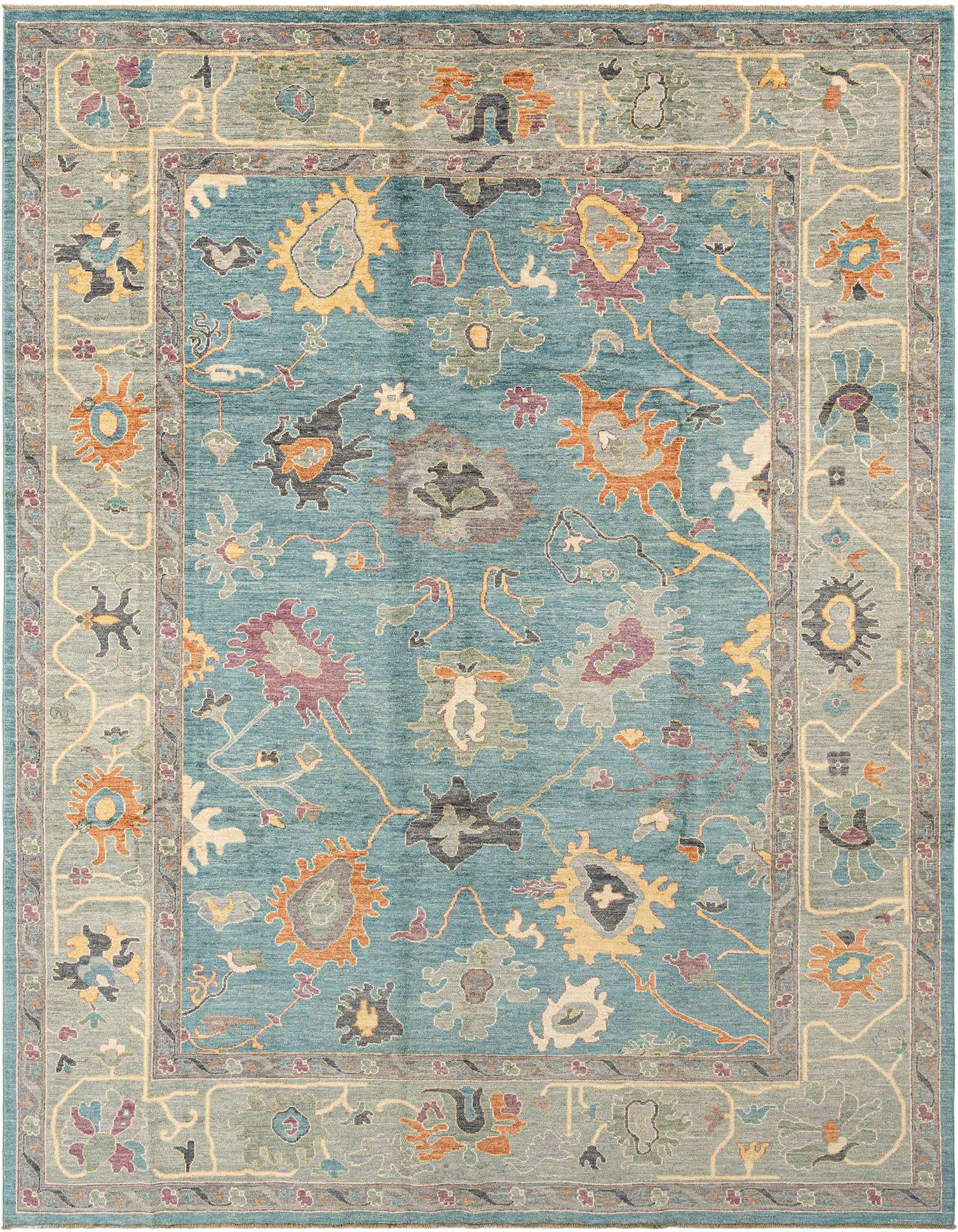 A rectangular Oushak Persian rug featuring a light blue field with colorful floral motifs and a light grey border.