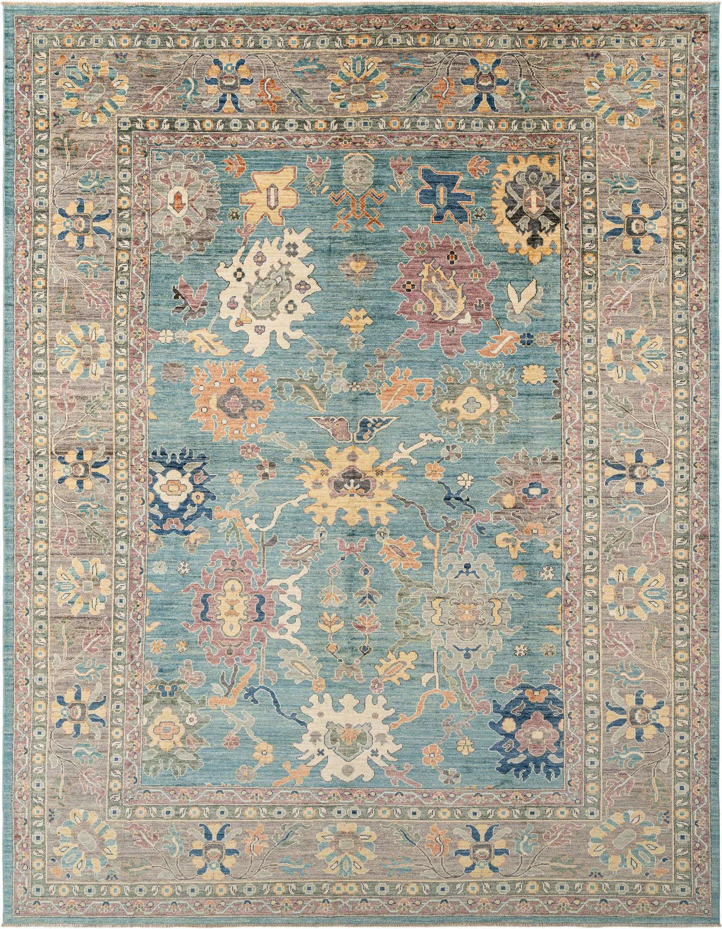A rectangular Oushak rug featuring a light blue field with intricate Persian floral patterns in muted multi-colors, framed by a grey border.
