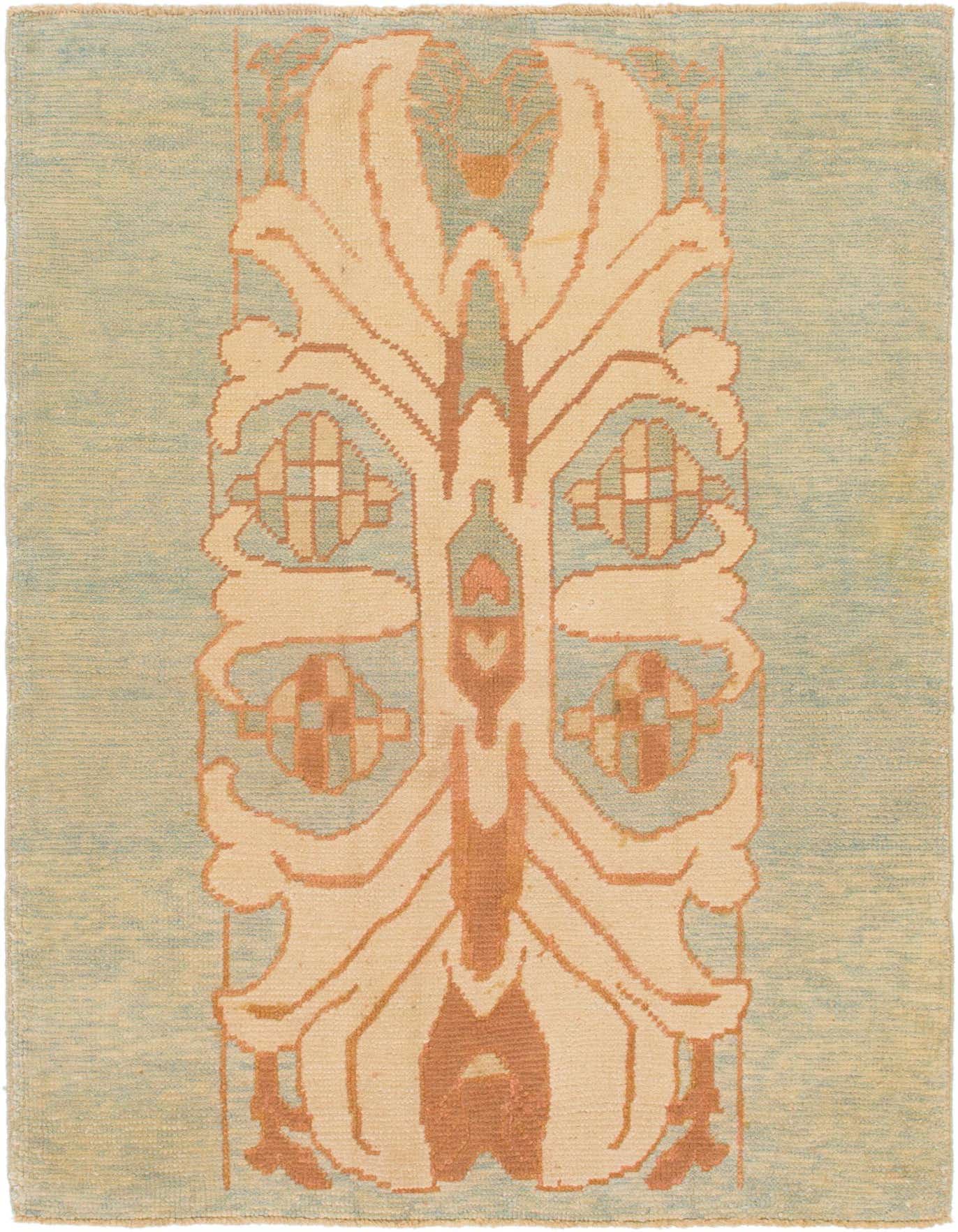 A 5x7 rectangular Oushak rug featuring a large cream and terracotta tribal medallion on a light blue background.