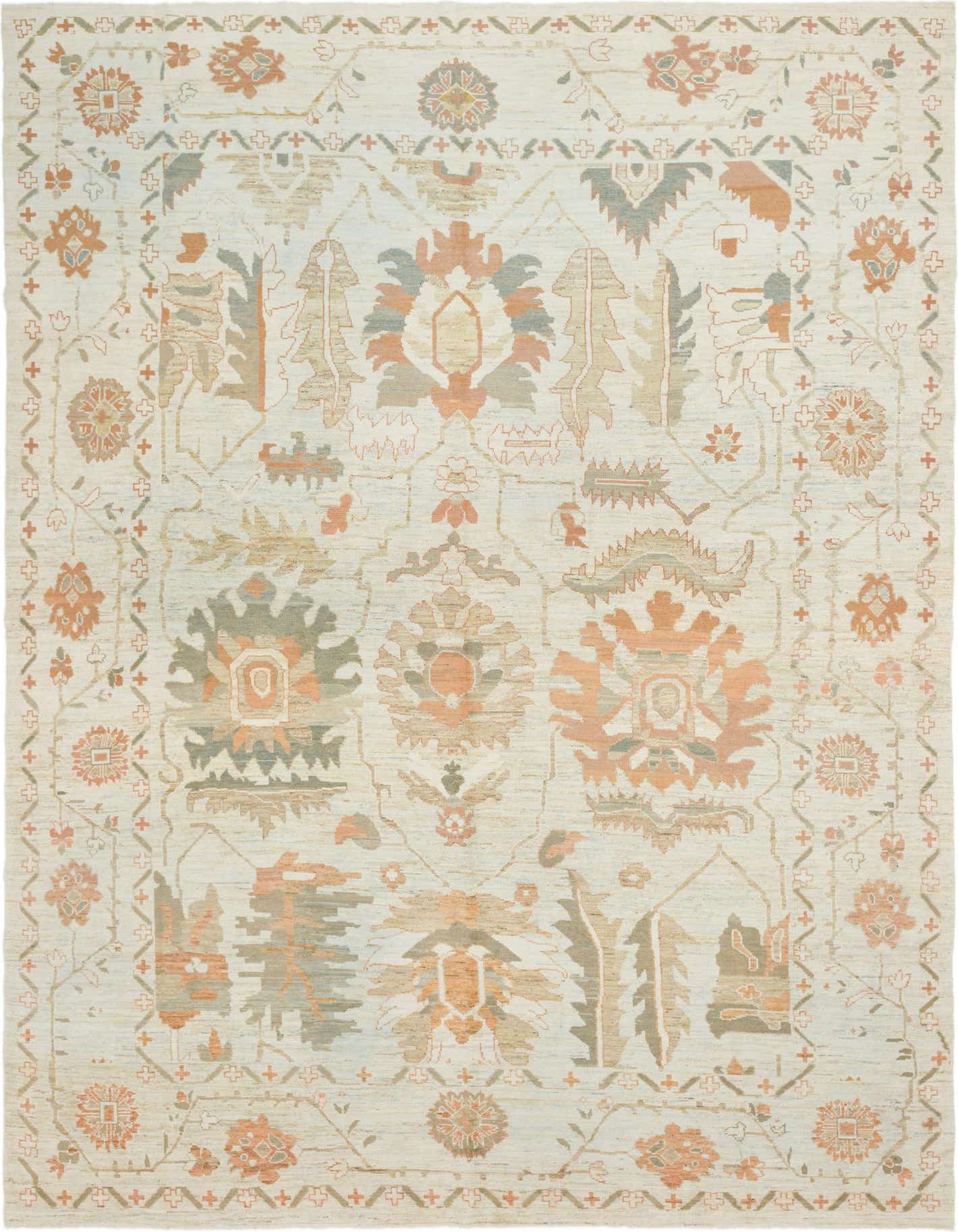 A 12x16 rectangular Oushak wool rug featuring a light blue background with traditional Southwestern patterns in peach, beige, and sage green.