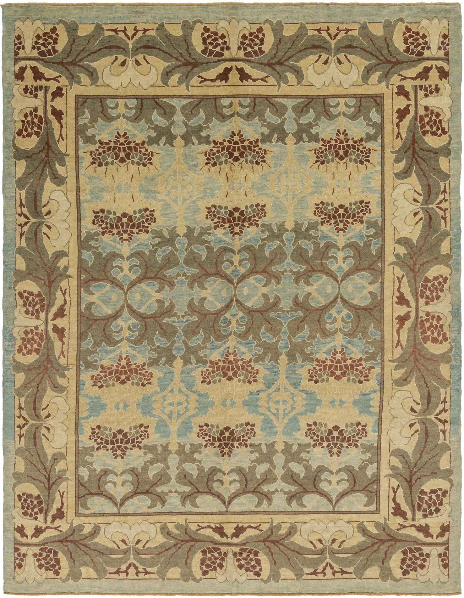 A 10x16 rectangular Oushak wool rug featuring a traditional abstract pattern in blues, cream, brown, and green.