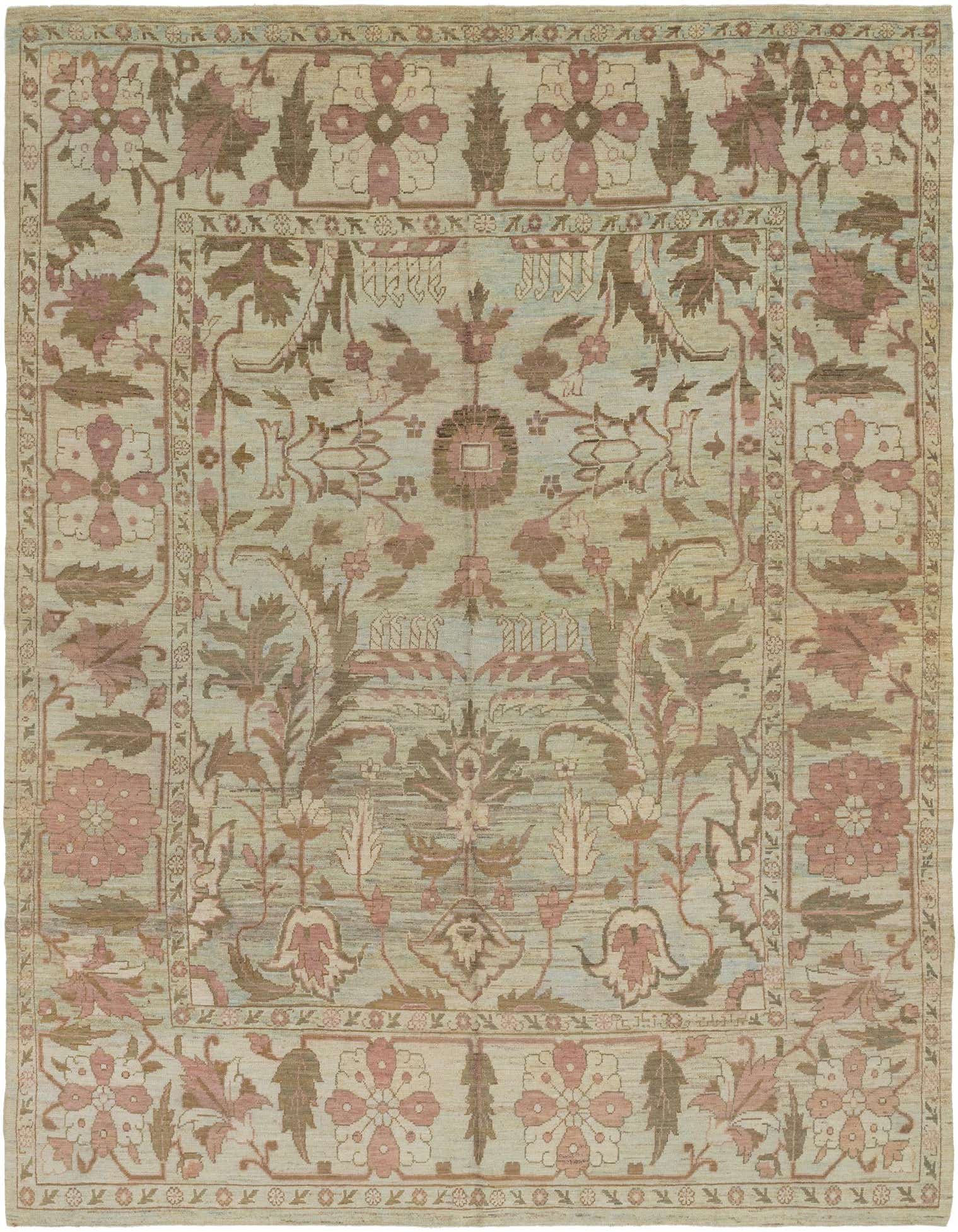 A large 12x15 rectangular Oushak rug in light blue with traditional botanical and tribal patterns in muted pinks and browns.