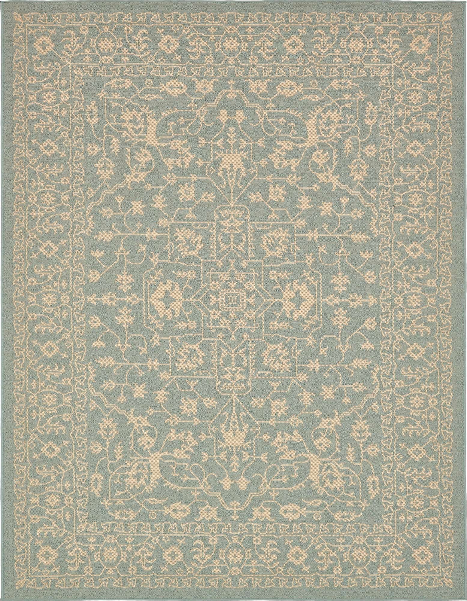 A 7x10 rectangular light blue and beige indoor/outdoor rug with a traditional botanical medallion pattern.