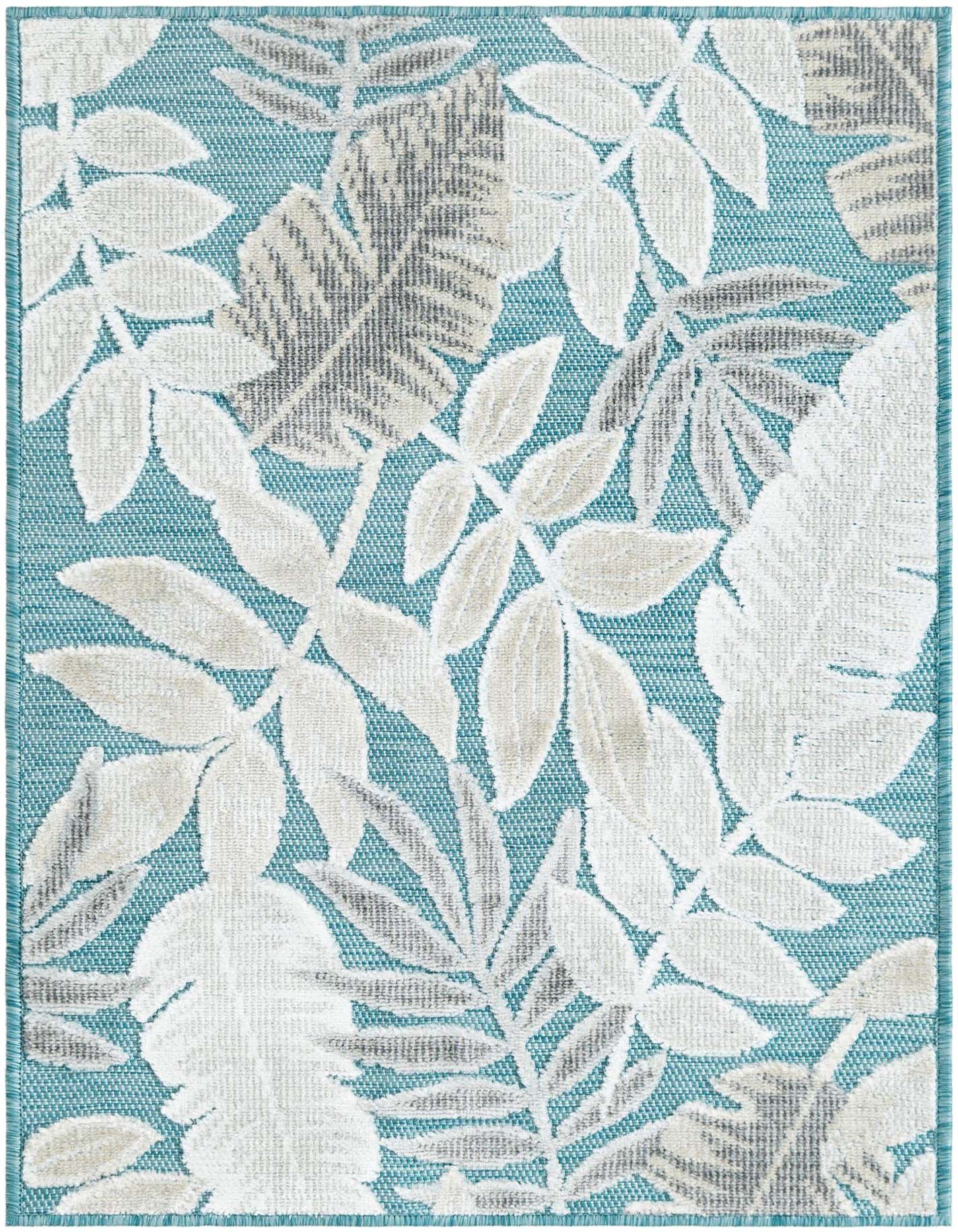 A 2x3 rectangular light blue indoor/outdoor rug with a modern tropical leaf pattern in white and gray.