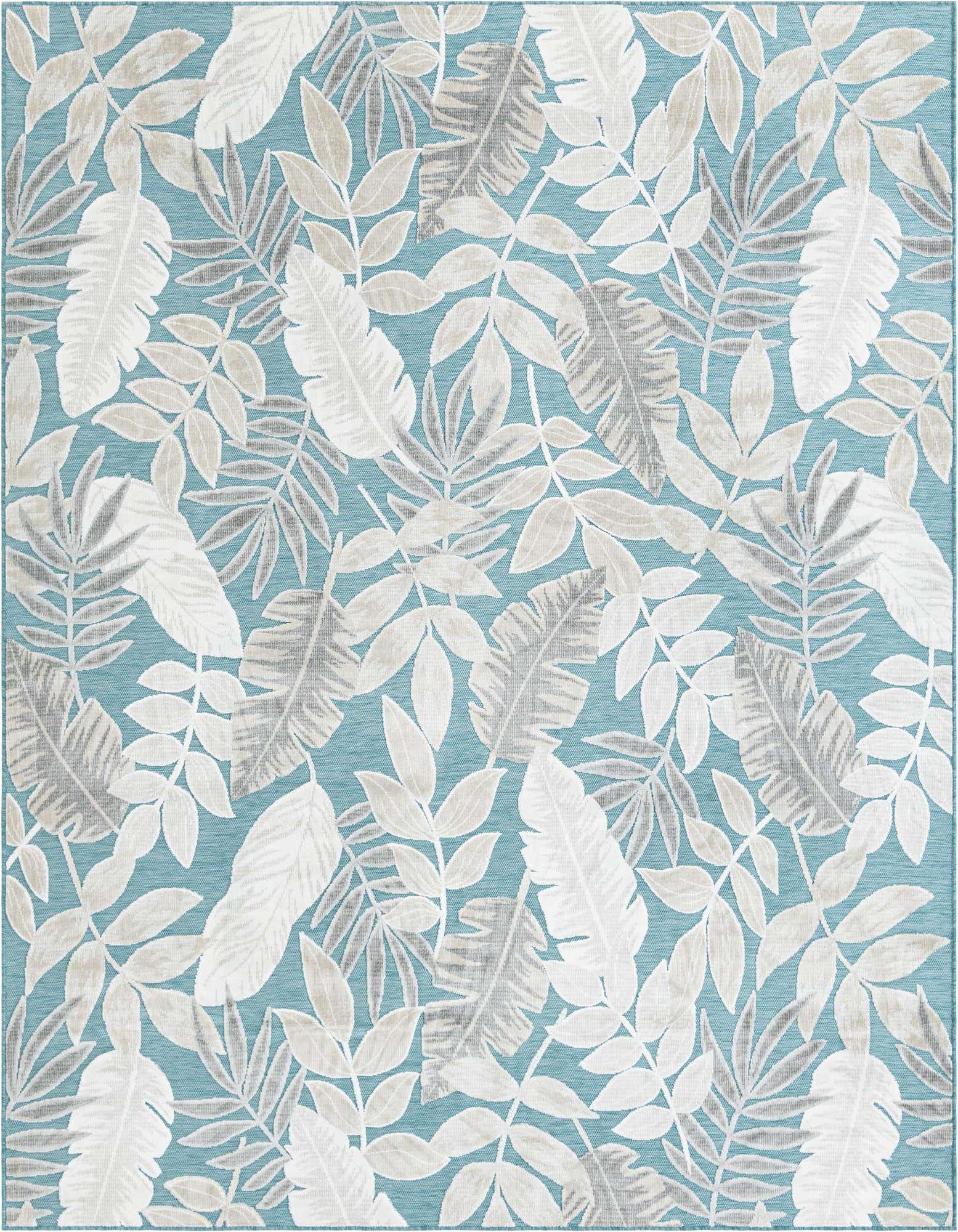 8x10 rectangular Rugs.com Outdoor Botanical rug with a light blue background and white, grey, and beige tropical leaf patterns.