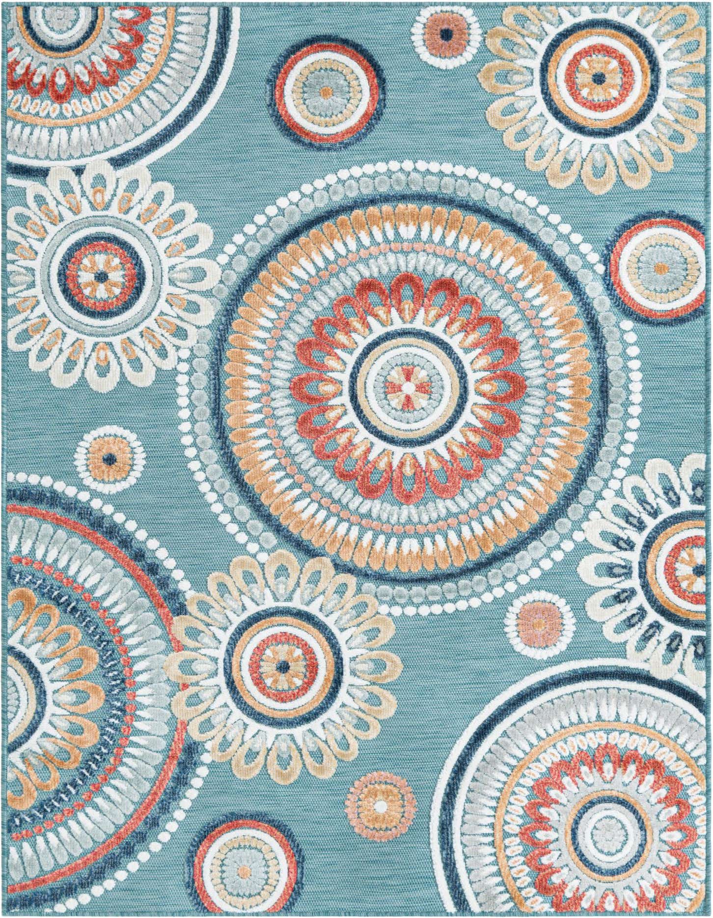 A 4x6 rectangular indoor/outdoor rug featuring a modern abstract pattern of large and small medallions in shades of blue, orange, red, and white on a light blue background.