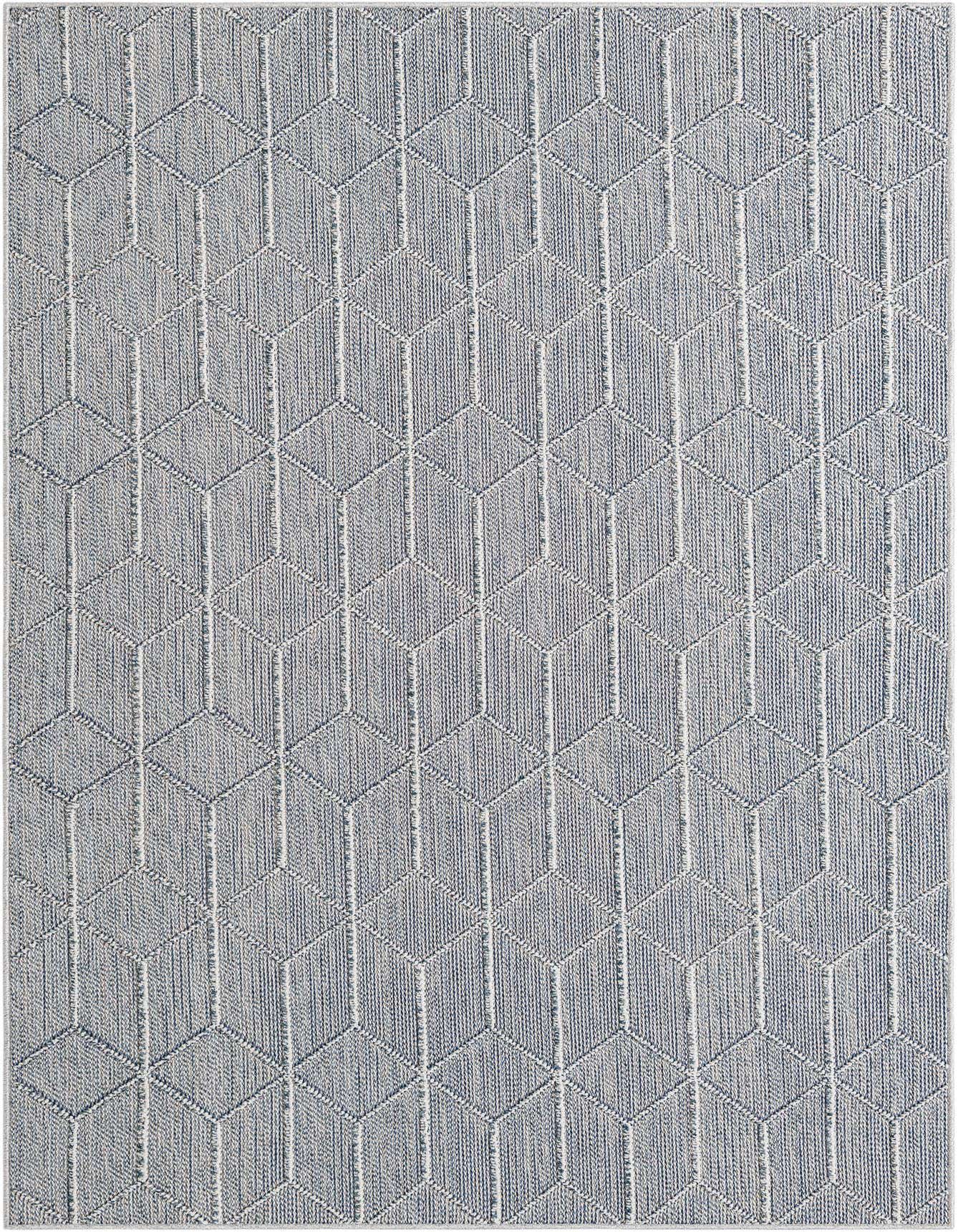 A 5x8 rectangular light blue and white modern trellis rug, suitable for indoor or outdoor use.
