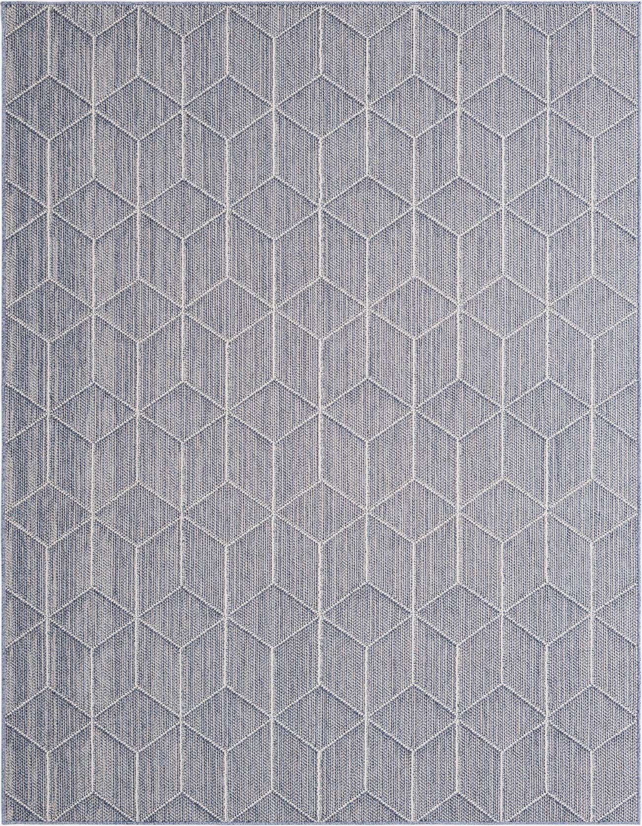 A 6x9 rectangular indoor/outdoor rug with a modern light blue and white geometric trellis pattern, ideal for a patio or living room.