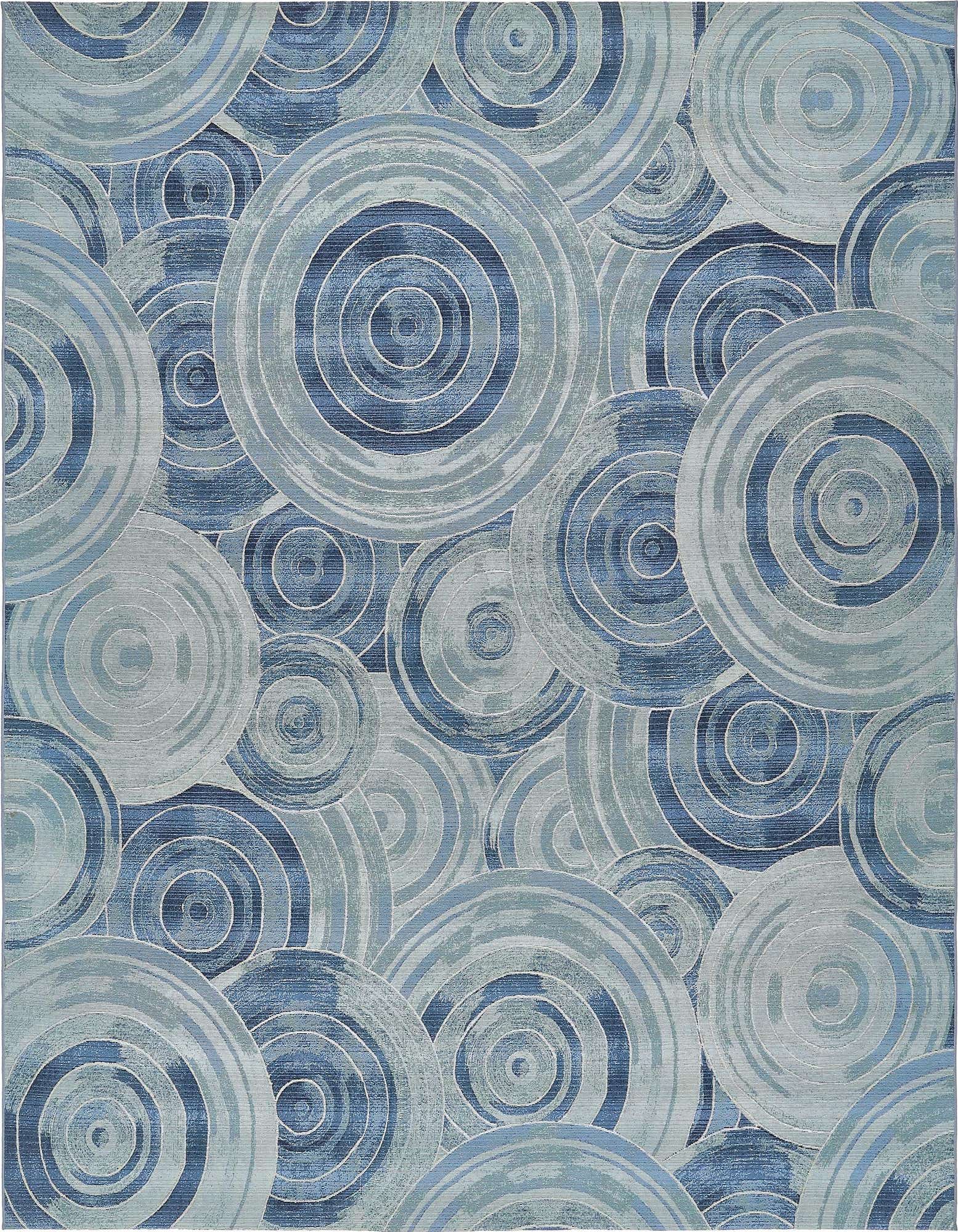 A 10x12 rectangular indoor/outdoor rug with an abstract pattern of overlapping blue and light blue concentric circles.